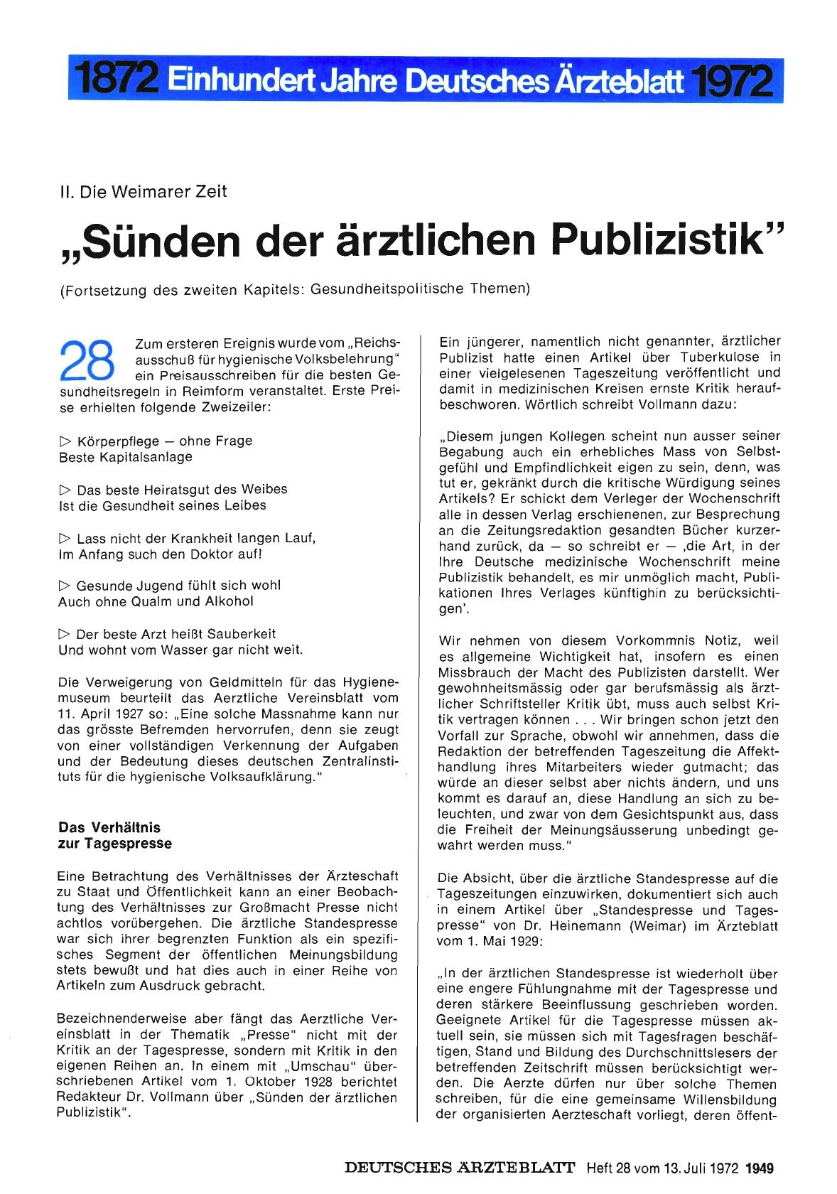 Vorschauseite 1: II. Die Weimarer Zeit: „Sünden der ärztlichen Publizistik" (Fortsetzung des zweiten Kapitels: Gesundheitspolitische Themen)