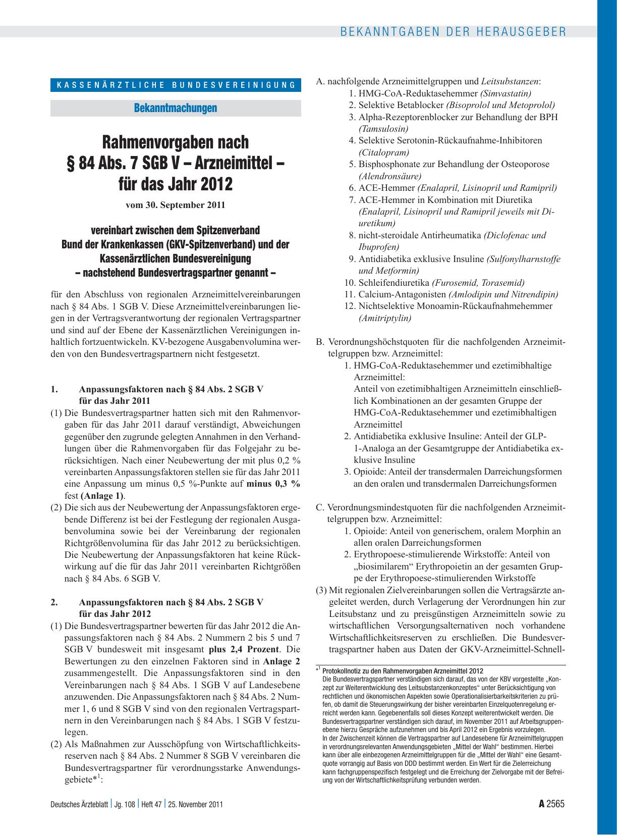 Vorschauseite 1: Rahmenvorgaben nach § 84 Abs. 7 SGB V – Arzneimittel – für das Jahr 2012 vereinbart zwischen dem Spitzenverband Bund der Krankenkassen (GKV-Spitzenverband) und der Kassenärztliche…