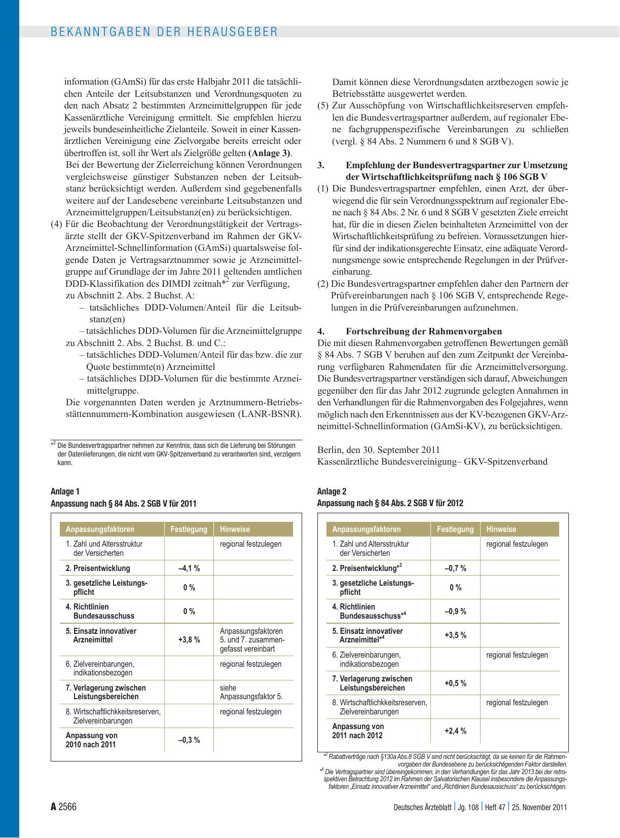 Vorschauseite 2: Rahmenvorgaben nach § 84 Abs. 7 SGB V – Arzneimittel – für das Jahr 2012 vereinbart zwischen dem Spitzenverband Bund der Krankenkassen (GKV-Spitzenverband) und der Kassenärztliche…