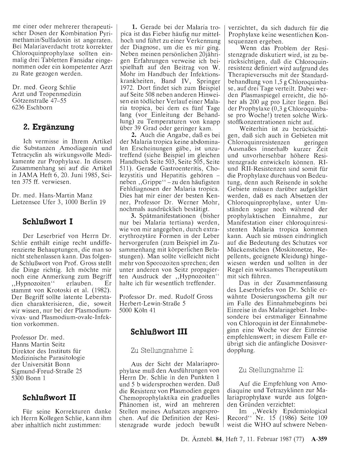 Vorschauseite 1: Malaria-Prophylaxe - Stand 1986: Schlußwort II