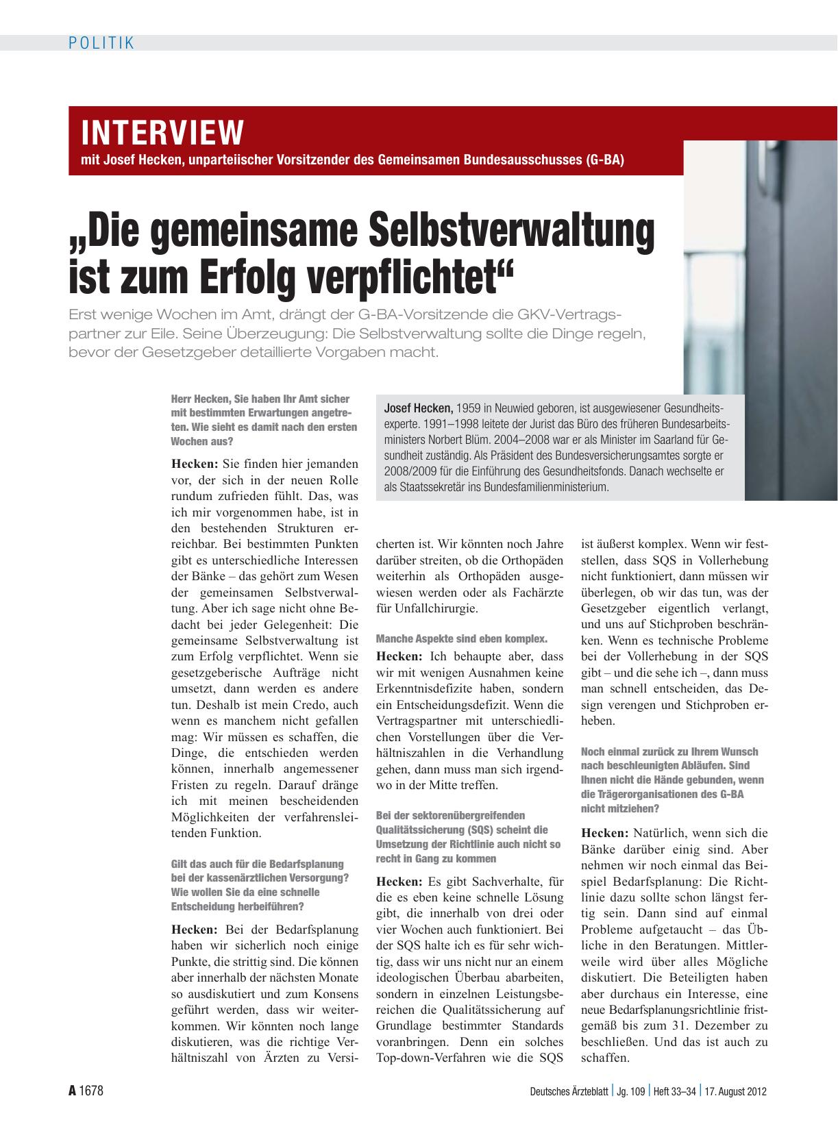 Vorschauseite 1: Interview mit Josef Hecken, unparteiischer Vorsitzender des Gemeinsamen Bundesausschusses (G-BA): „Die gemeinsame Selbstverwaltung ist zum Erfolg verpflichtet“