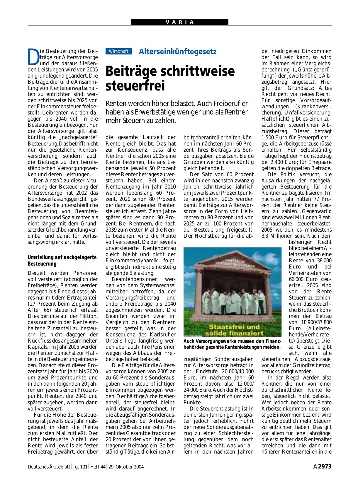 Vorschauseite 1: Alterseinkünftegesetz: Beiträge schrittweise steuerfrei