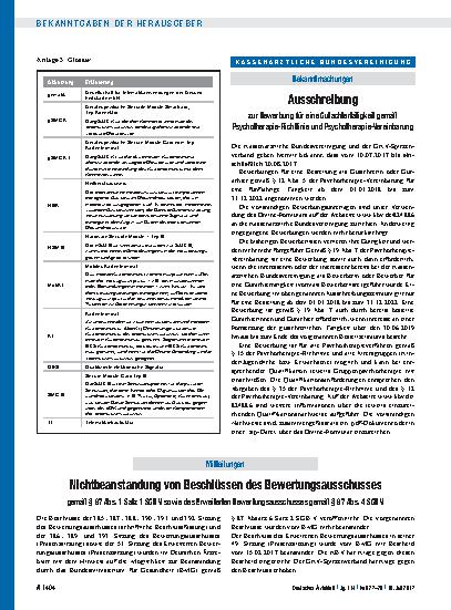 Vorschauseite 1: Ausschreibung zur Bewerbung für eine Gutachtertätigkeit gemäß Psychotherapie-Richtlinie und Psychotherapie-Vereinbarung