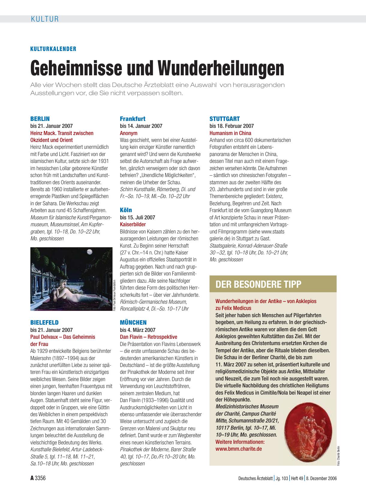 Vorschauseite 1: Kulturkalender: Geheimnisse und Wunderheilungen