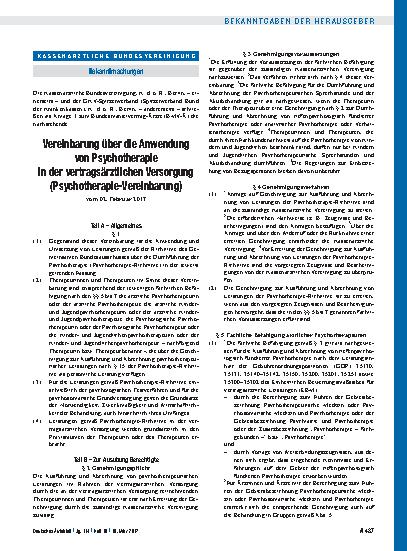 Vorschauseite 1: Vereinbarung über die Anwendung von Psychotherapie in der vertragsärztlichen Versorgung (Psychotherapie-Vereinbarung)