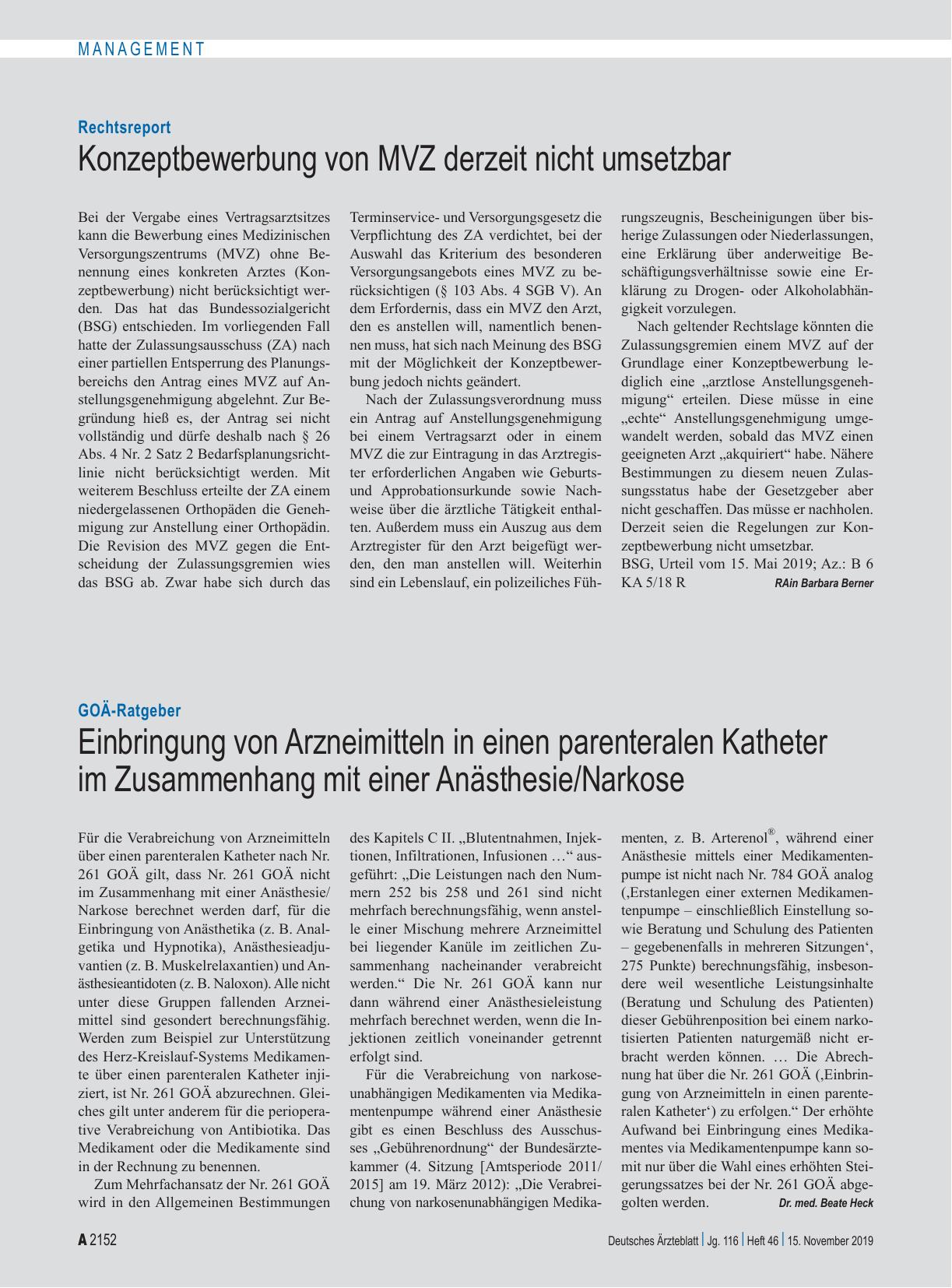 Vorschauseite 1: GOÄ-Ratgeber: Einbringung von Arzneimitteln in einen parenteralen Katheter im Zusammenhang mit einer Anästhesie/Narkose