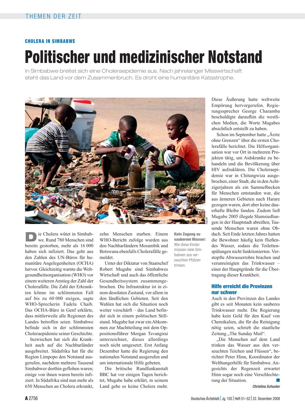 Vorschauseite 1: Cholera in Simbabwe: Politischer und medizinischer Notstand