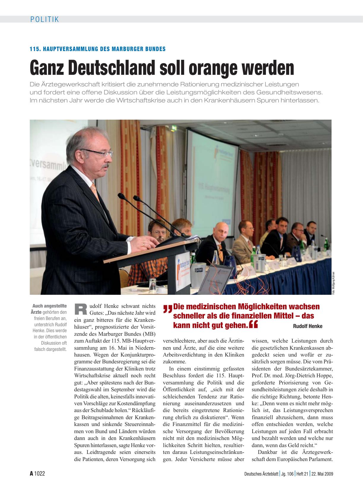 Vorschauseite 1: 115. Hauptversammlung des Marburger Bundes: Ganz Deutschland soll orange werden