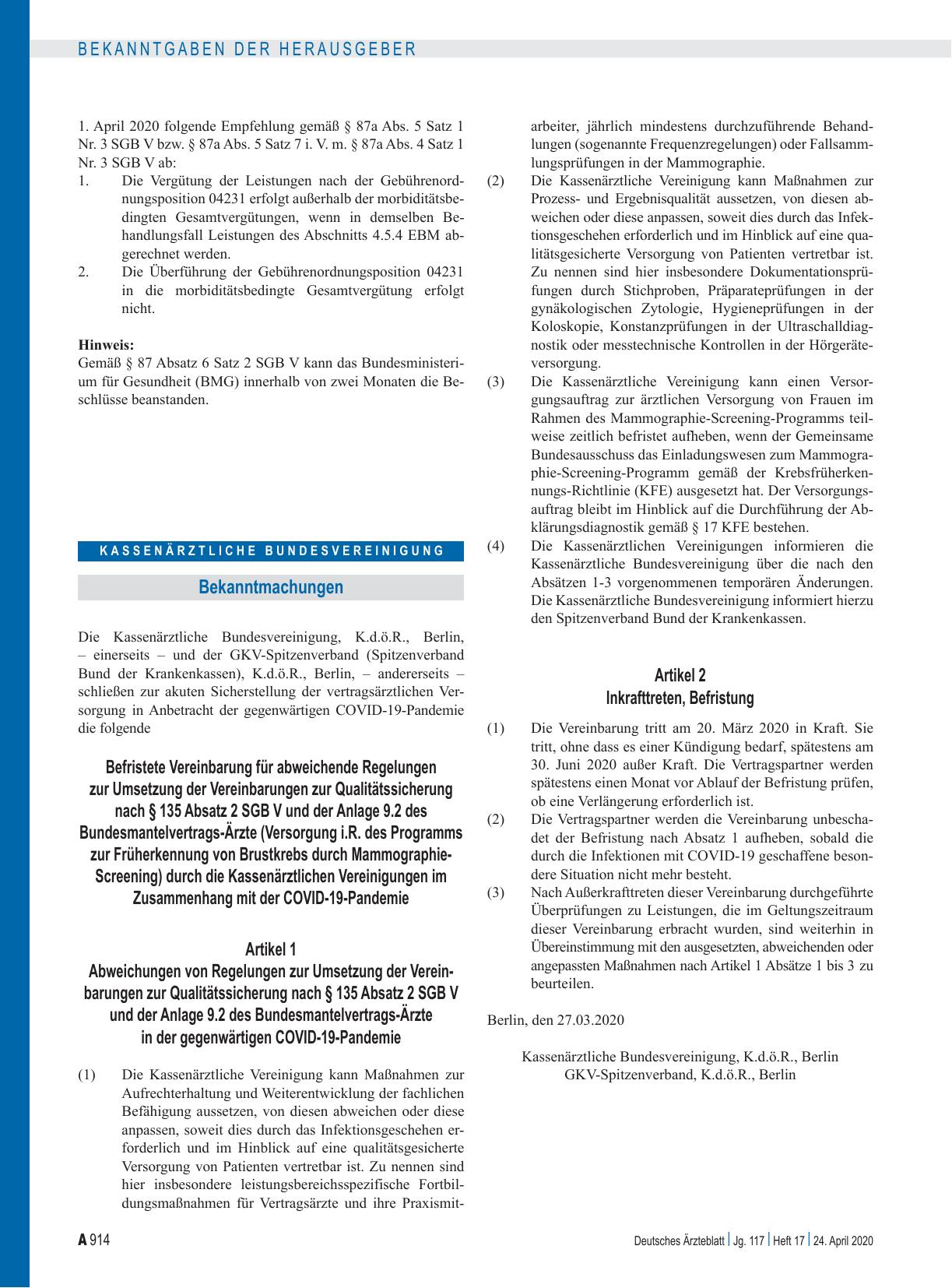 Vorschauseite 1: Befristete Vereinbarung für abweichende Regelungen zur Umsetzung der Vereinbarungen zur Qualitätssicherung nach § 135 Absatz 2 SGB V und der Anlage 9. 2 des Bundesmantelvertrags-Ä…
