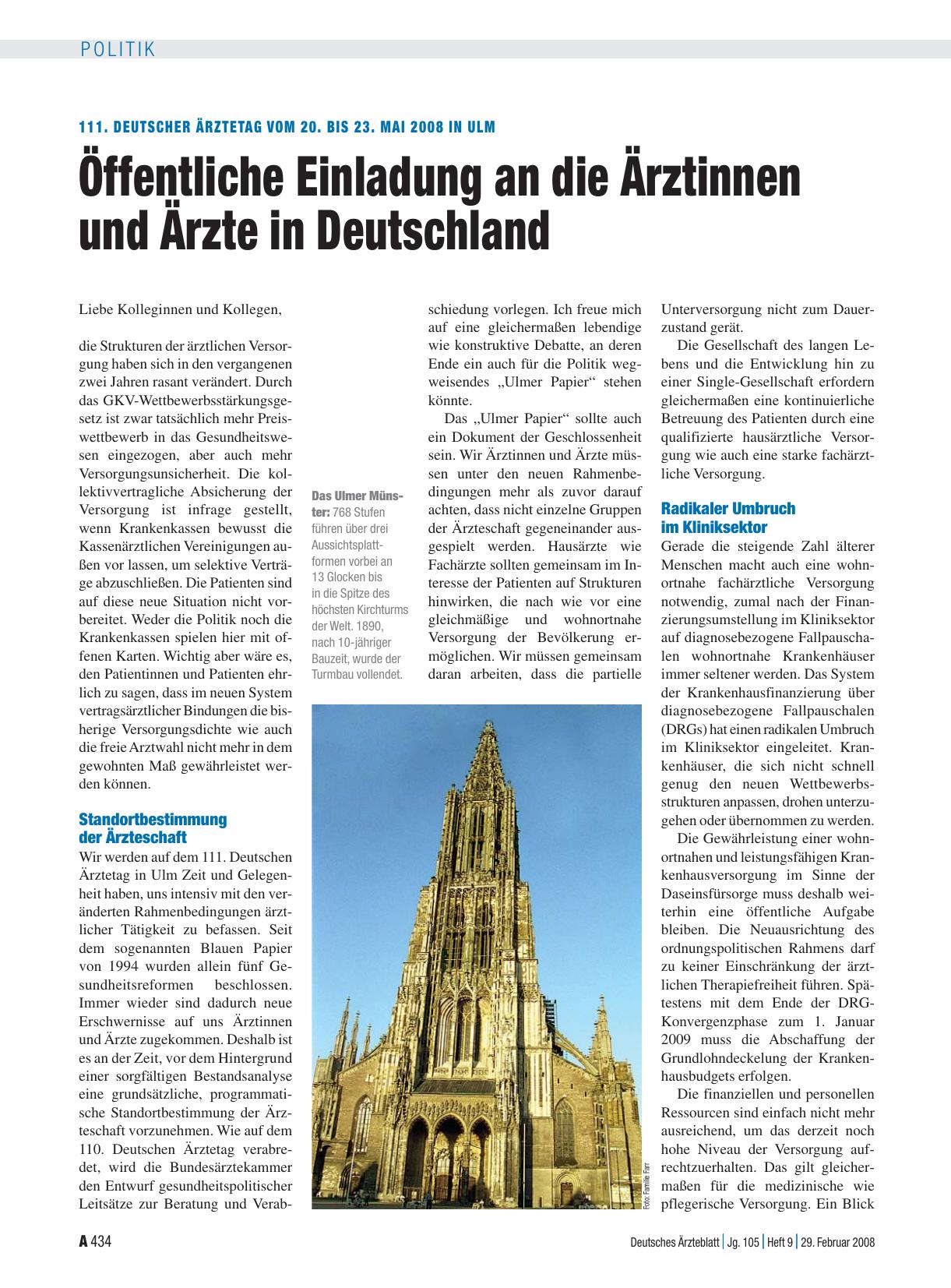 Vorschauseite 1: 111. Deutscher Ärztetag vom 20. bis 23. Mai 2008 in Ulm: Öffentliche Einladung an die Ärztinnen und Ärzte in Deutschland