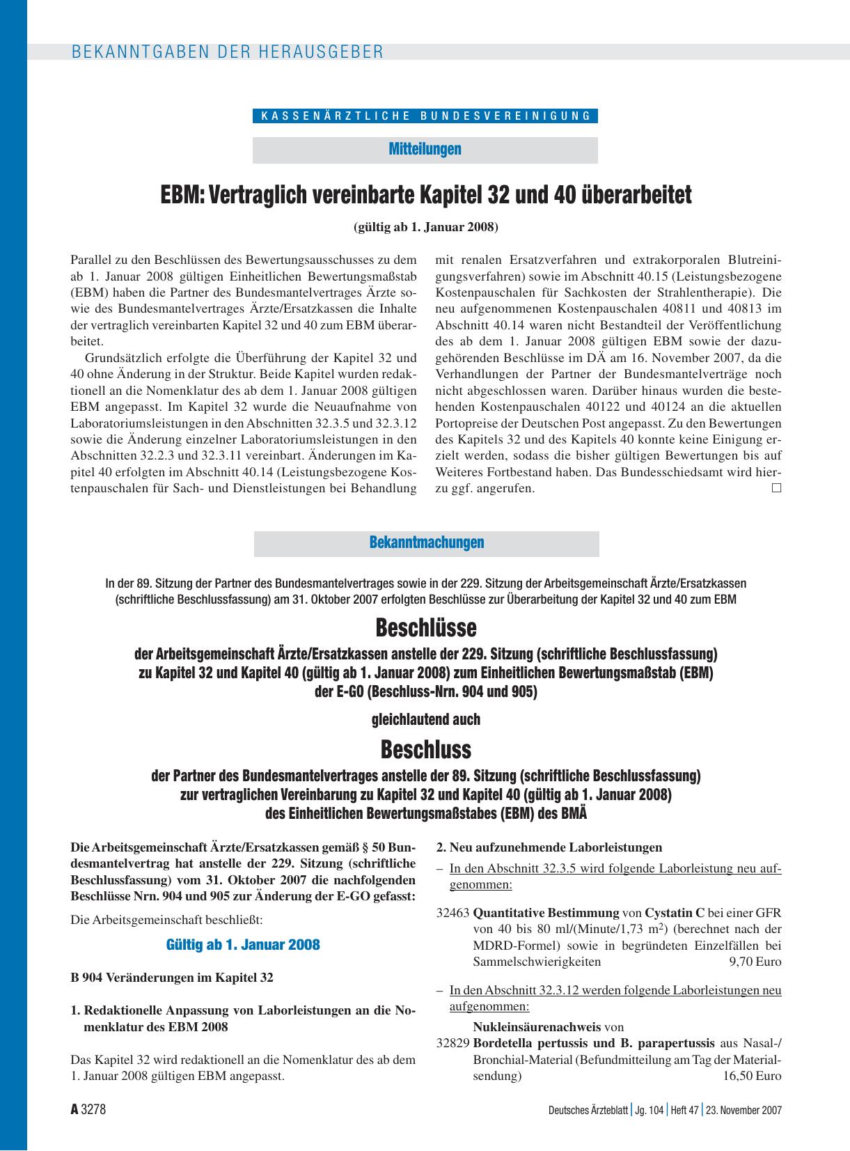 Vorschauseite 1: Mitteilungen: EBM - Vertraglich vereinbarte Kapitel 32 und 40 überarbeitet (gültig ab 1. Januar 2008)