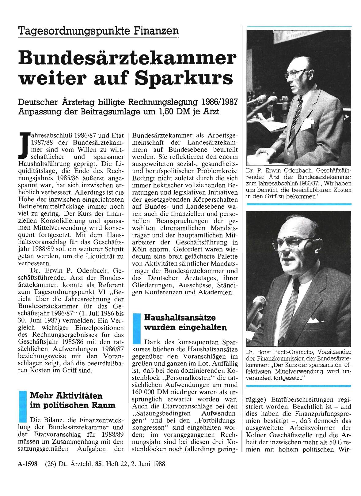 Vorschauseite 1: Tagesordnungspunkt Finanzen: Bundesärztekammer weiter auf Sparkurs