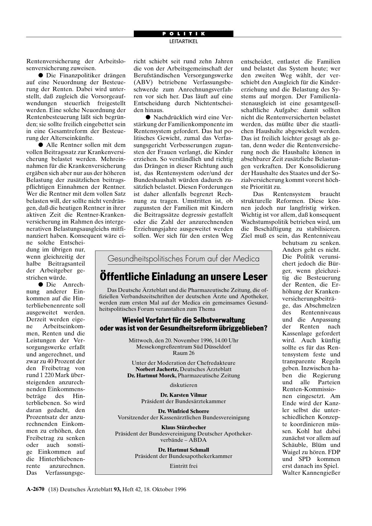 Vorschauseite 1: Gesundheitspolitisches Forum auf der Medica: Öffentliche Einladung an unsere Leser