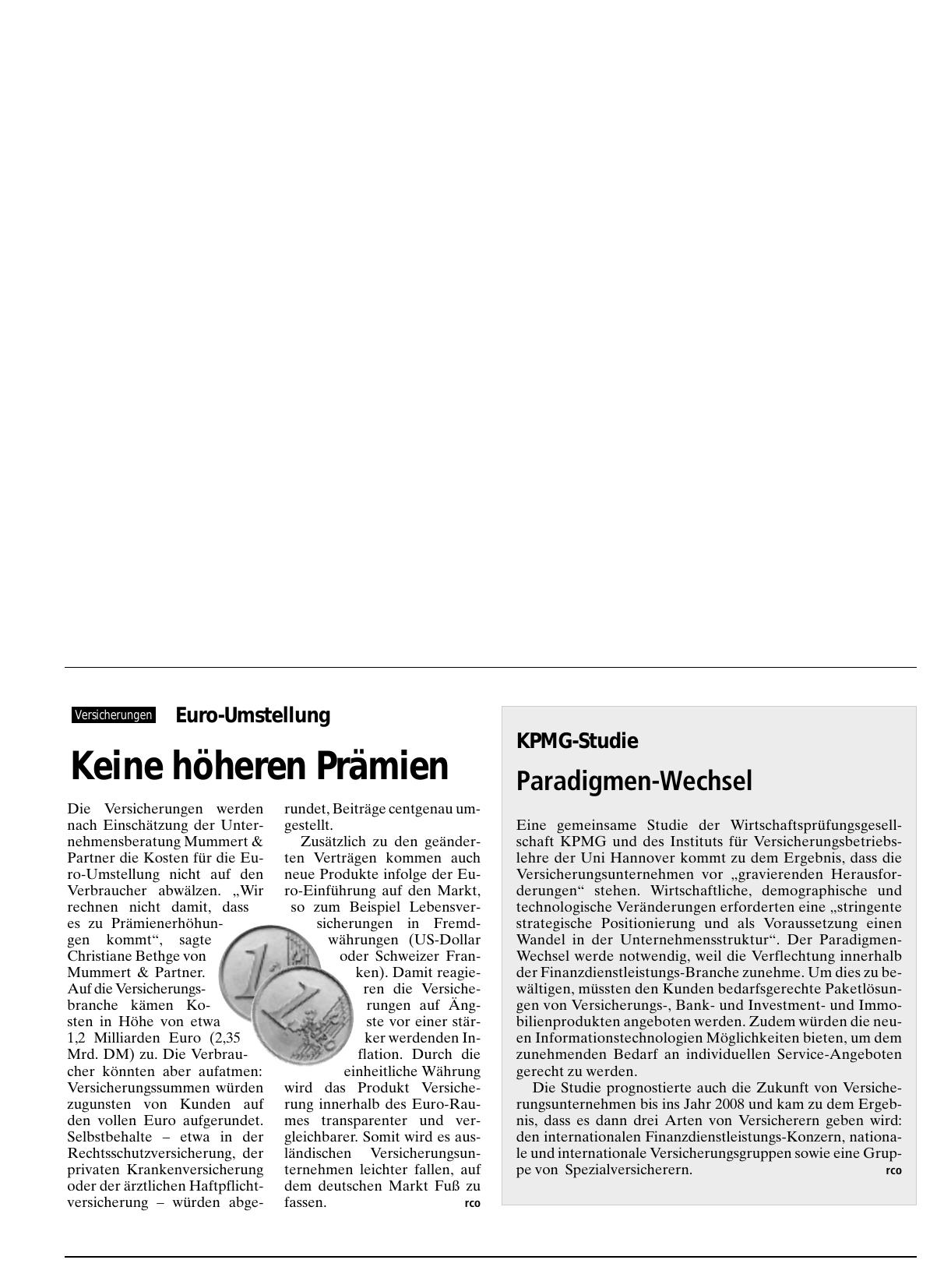 Vorschauseite 1: Euro-Umstellung: Keine höheren Prämien