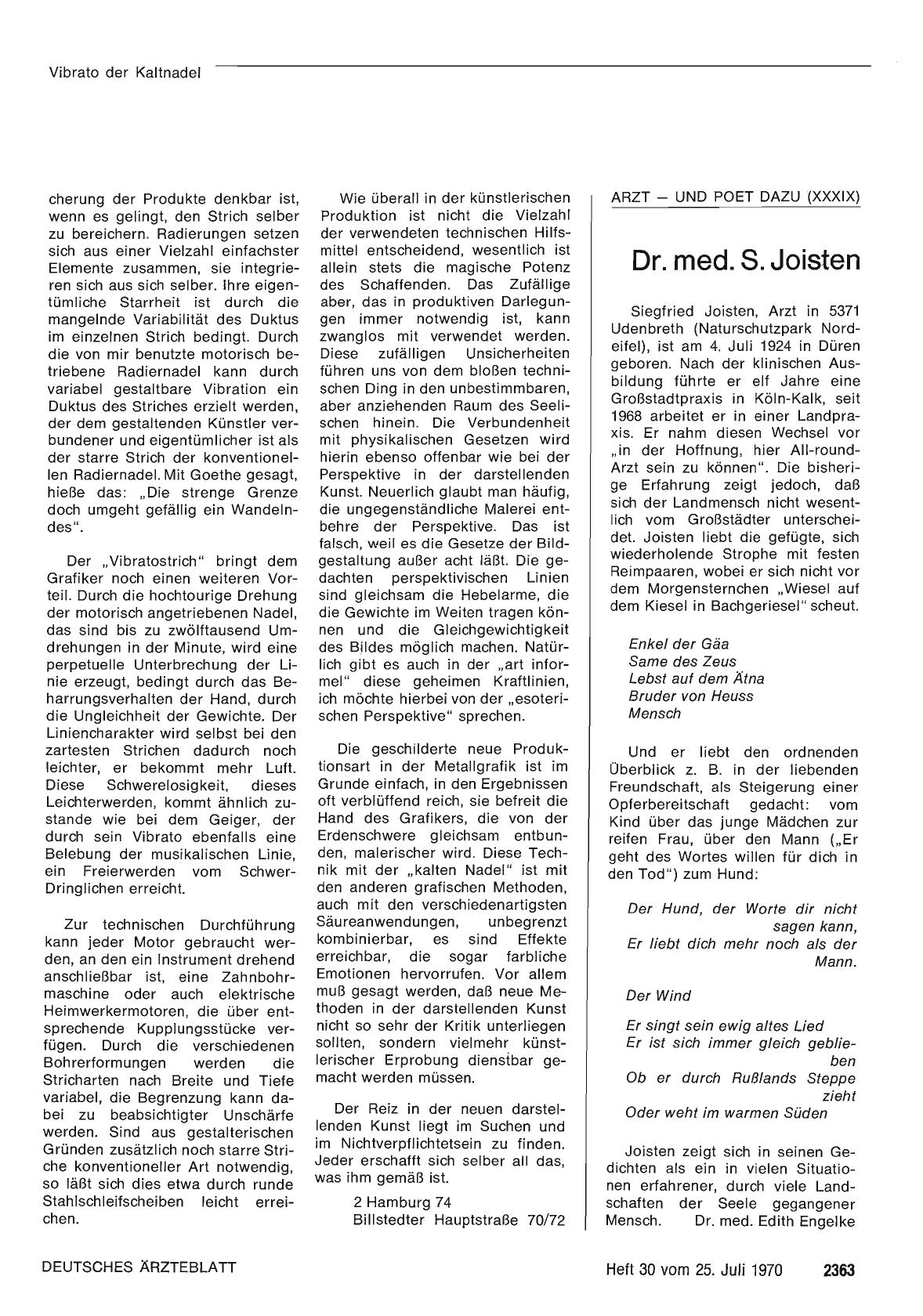 Vorschauseite 1: Arzt — und Poet dazu (XXXIX): Dr. med. S. Joisten