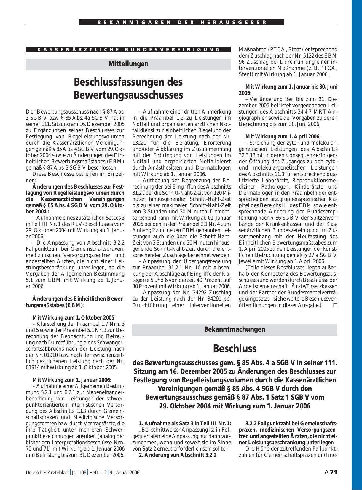 Vorschauseite 1: Mitteilungen: Beschlussfassungen des Bewertungsausschusses