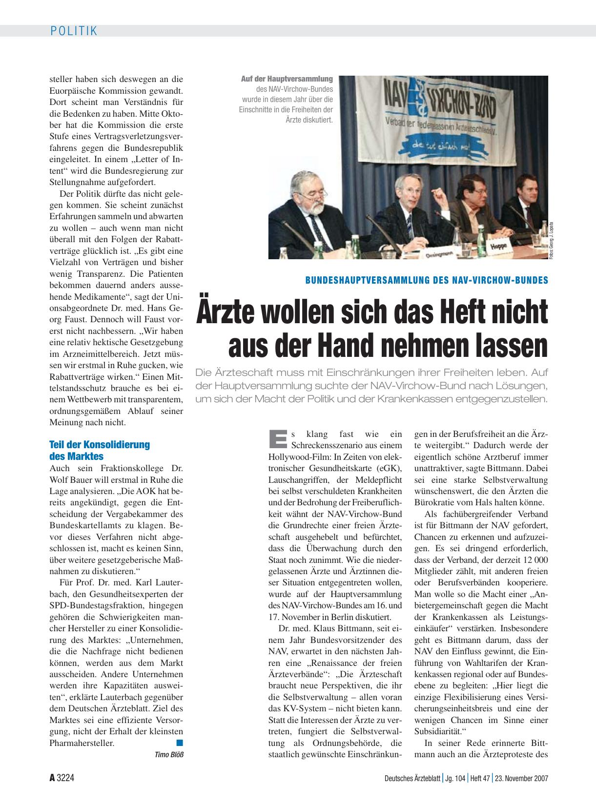 Vorschauseite 1: Bundeshauptversammlung des NAV-Virchow-bundes: Ärzte wollen sich das Heft nicht aus der Hand nehmen lassen