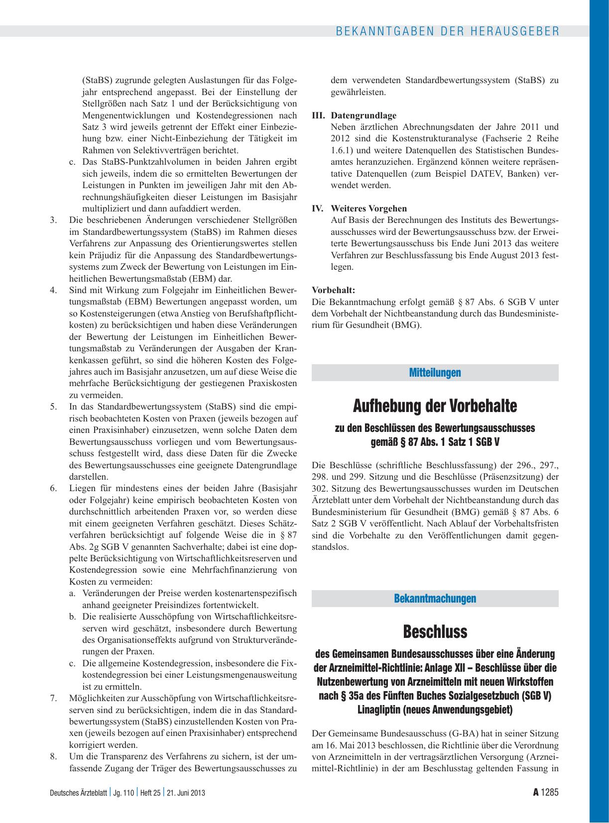Vorschauseite 1: Aufhebung der Vorbehalte zu den Beschlüssen des Bewertungsausschusses gemäß § 87 Abs. 1 Satz 1 SGB V