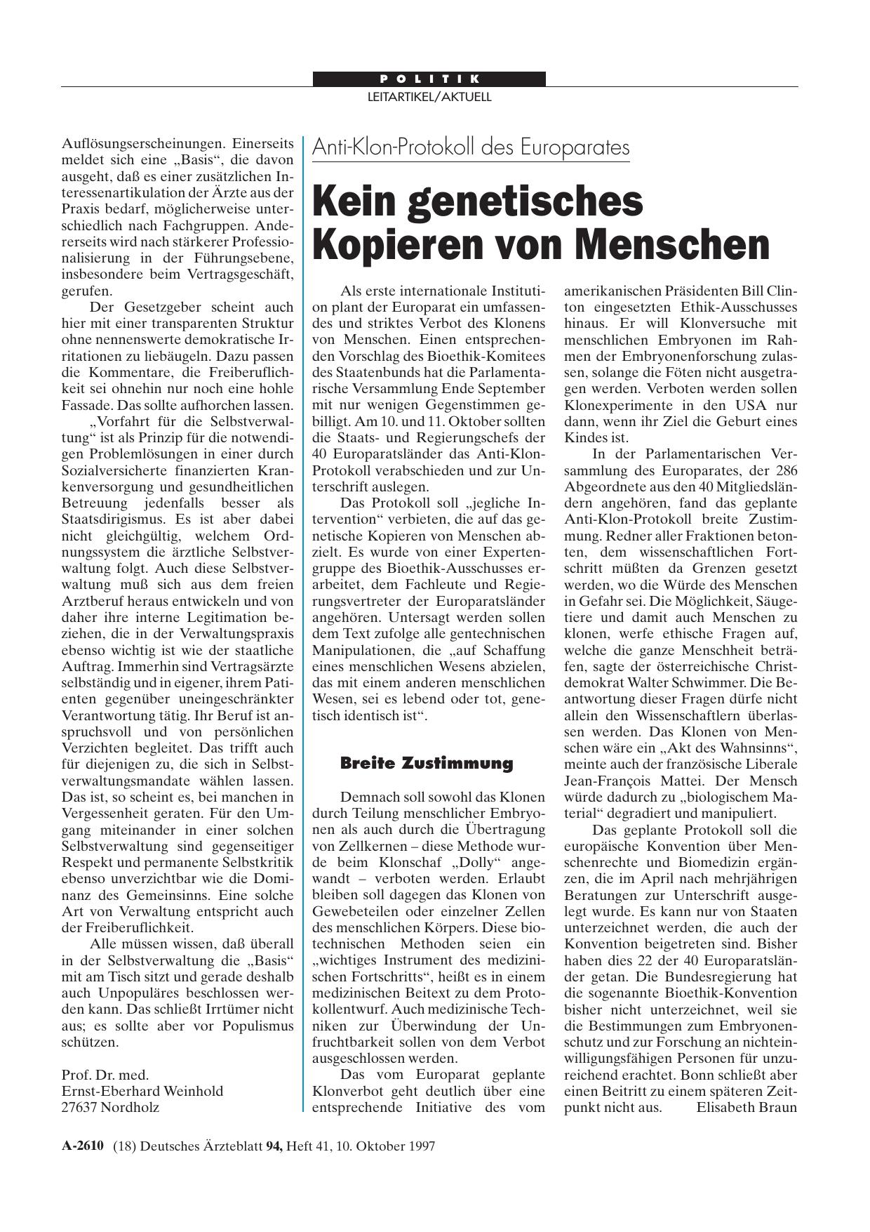Vorschauseite 1: Anti-Klon-Protokoll des Europarates: Kein genetisches Kopieren von Menschen