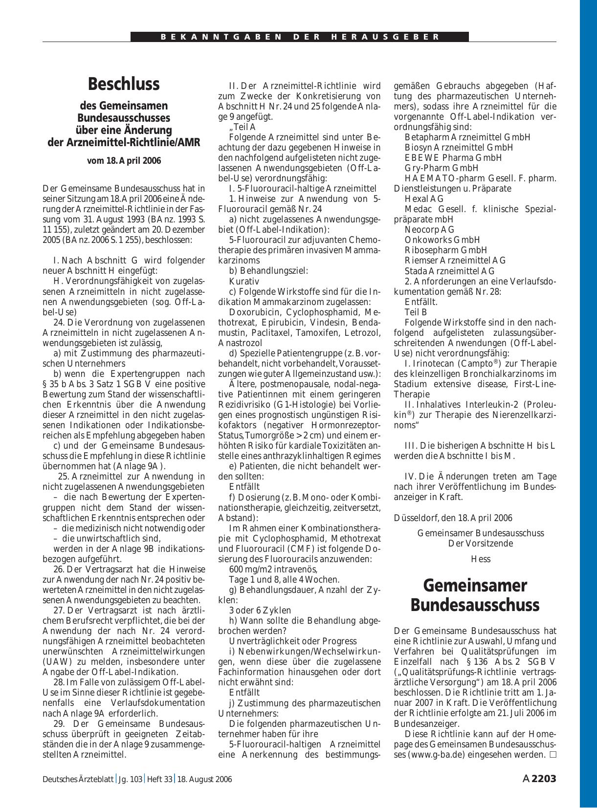Vorschauseite 1: Bekanntmachungen: Beschluss des Gemeinsamen Bundesausschusses über eine Änderung der Arzneimittel-Richtlinie/AMR vom 18. April 2006