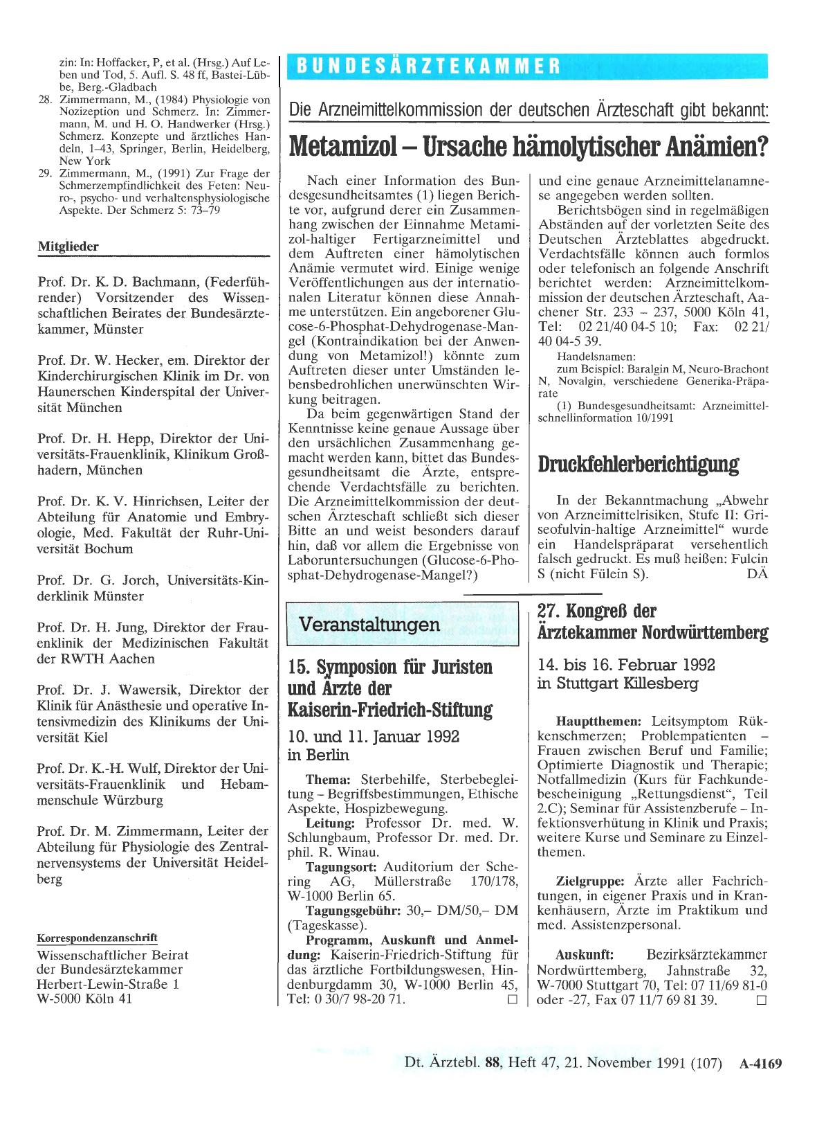 Vorschauseite 1: Die Arzneimittelkommission der deutschen Ärzteschaft gibt bekannt: Metamizol — Ursache hämolytischer Anämien?