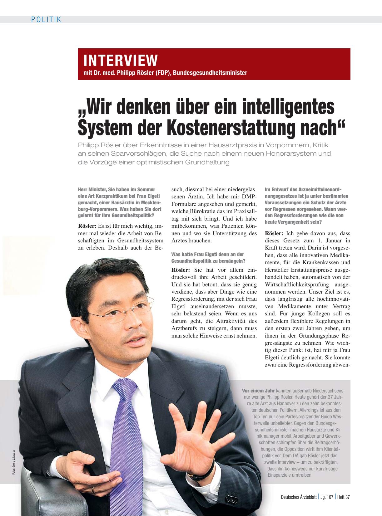 Vorschauseite 1: Interview mit Dr. med. Philipp Rösler (FDP), Bundesgesundheitsminister „Wir denken über ein intelligentes System der Kostenerstattung nach“