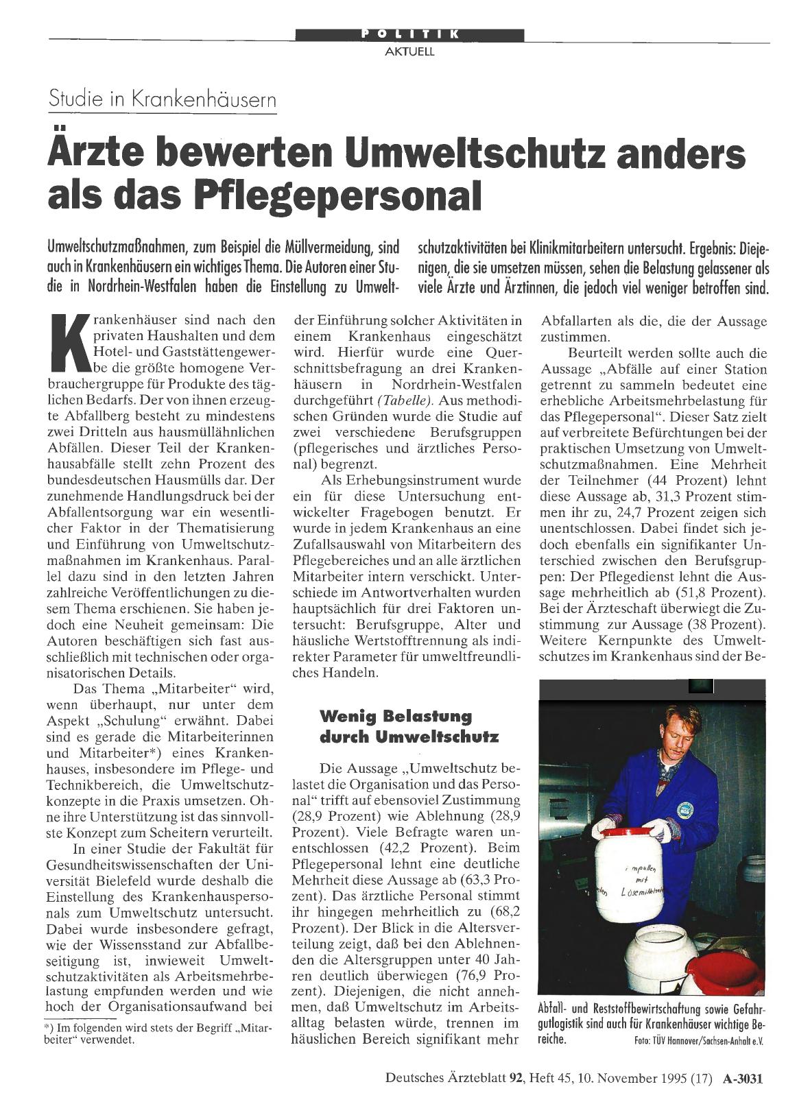 Vorschauseite 1: Studie in Krankenhäusern: Ärzte bewerten Umweltschutz anders als das Pflegepersonal