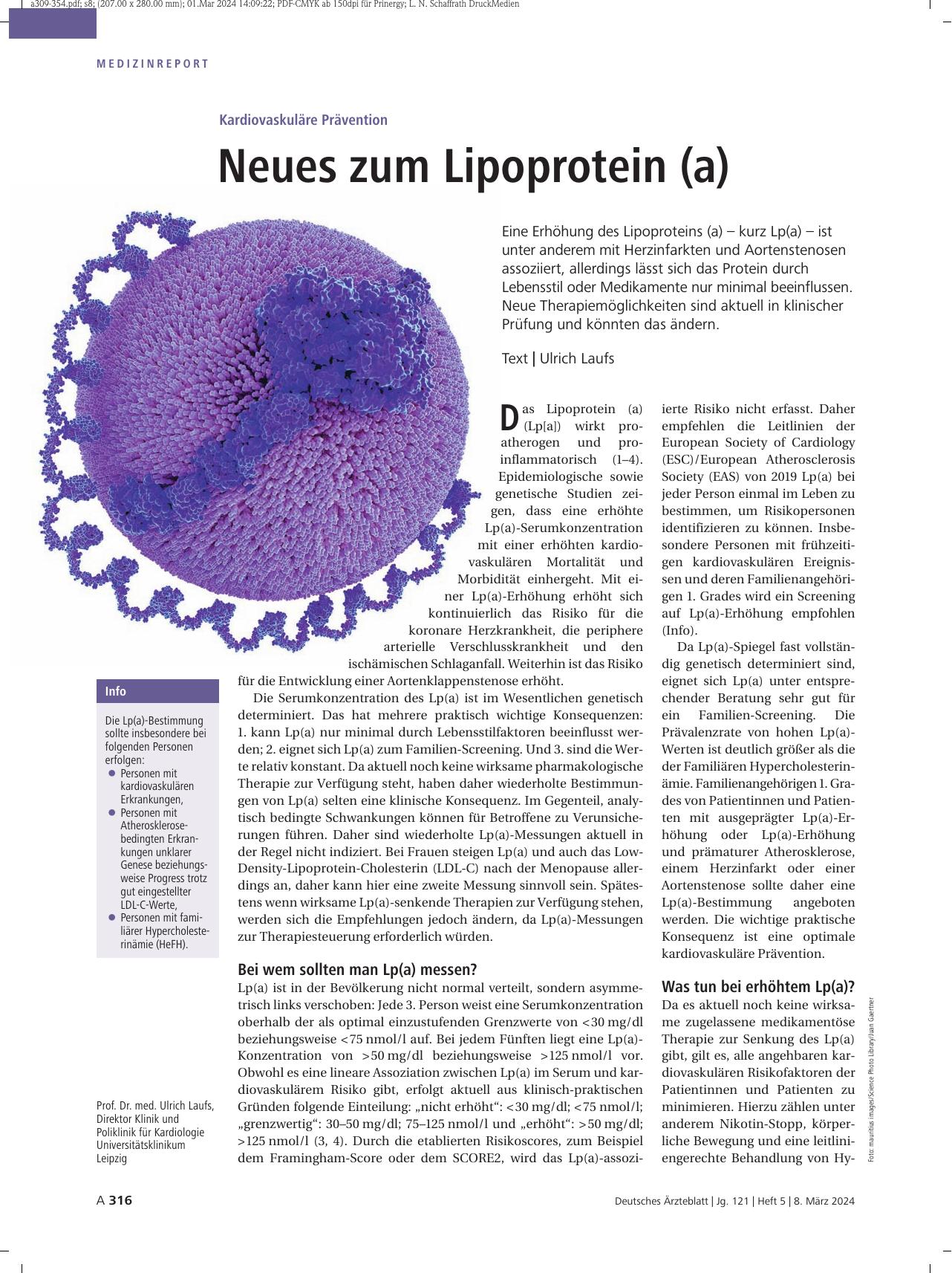 Vorschauseite 1: Kardiovaskuläre Prävention: Neues zum Lipoprotein(a)