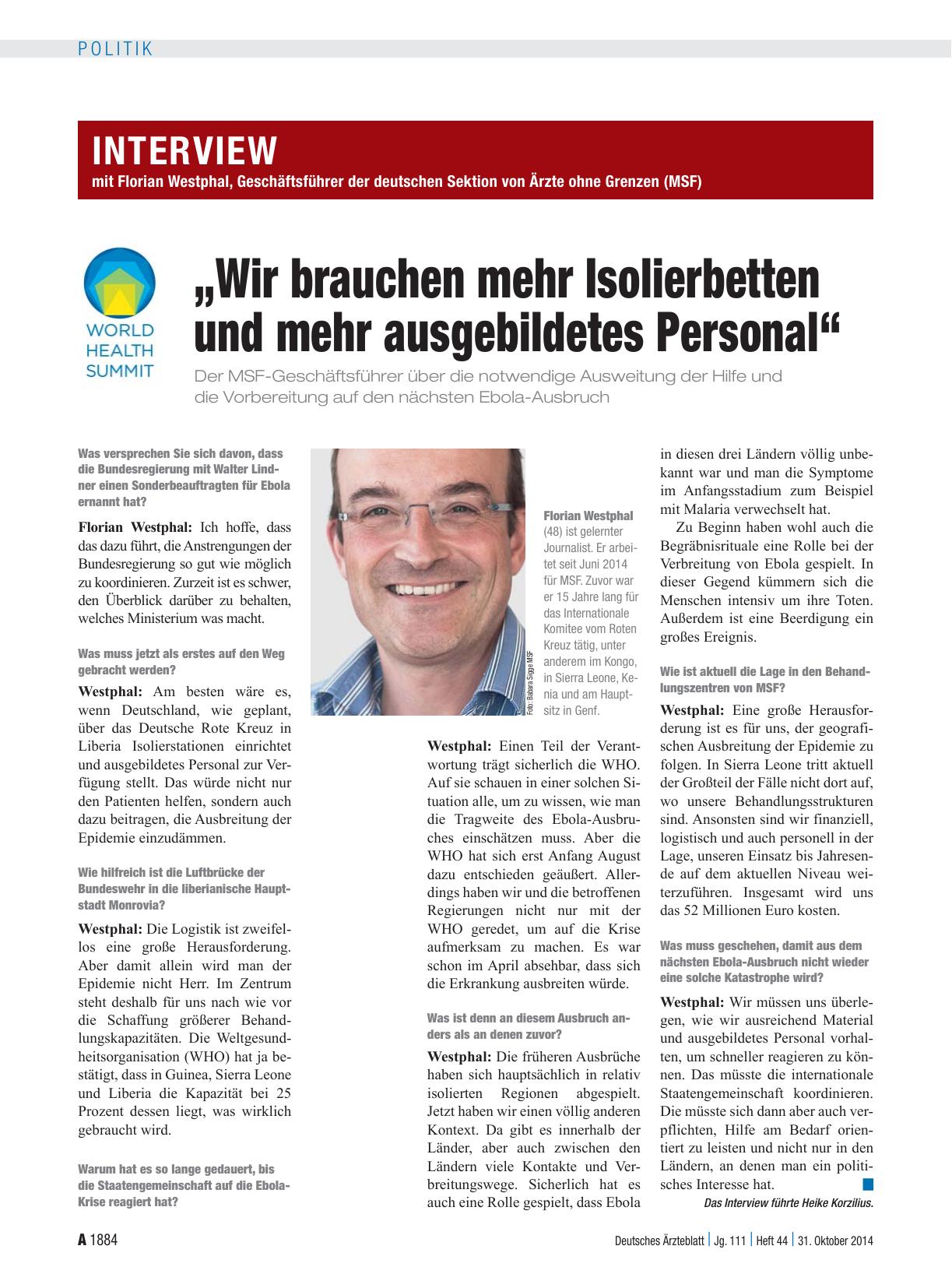 Vorschauseite 1: Interview mit Florian Westphal, Geschäftsführer der deutschen Sektion von Ärzte ohne Grenzen (MSF): „Wir brauchen mehr Isolierbetten und mehr ausgebildetes Personal“