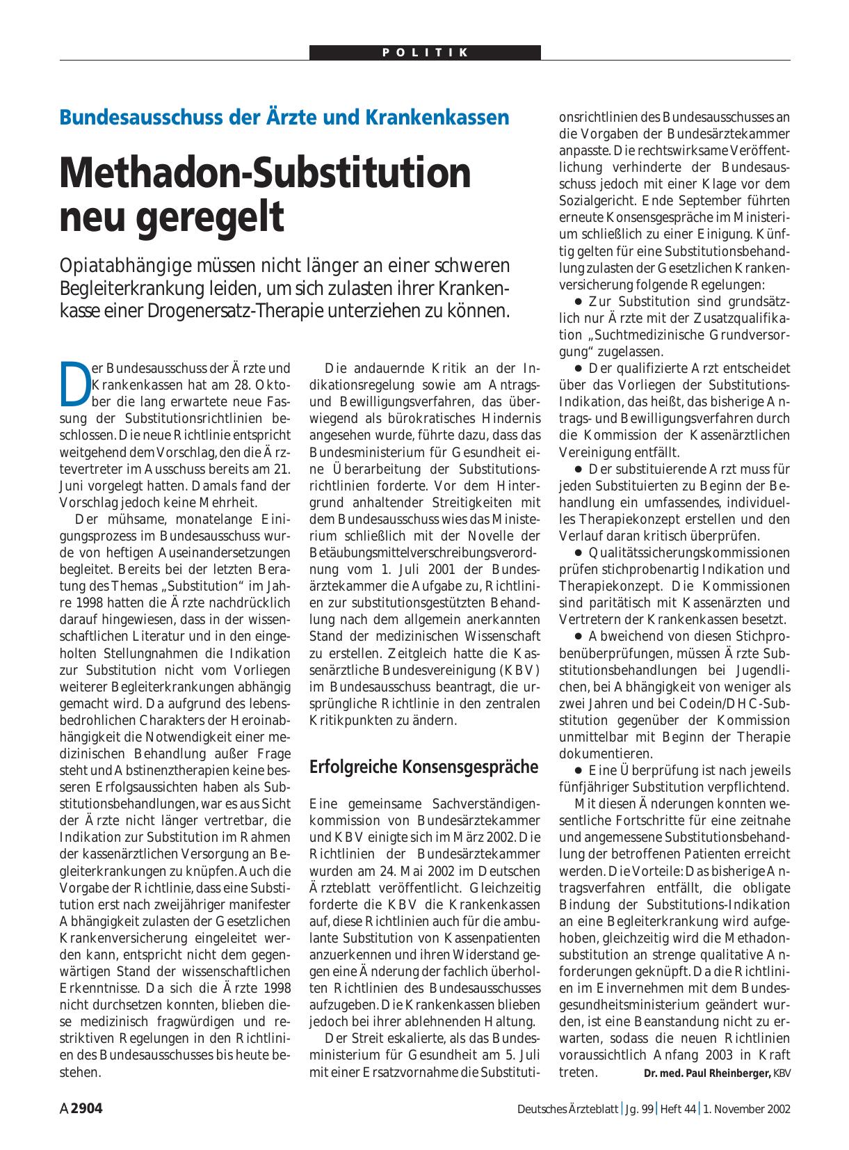 Vorschauseite 1: Bundesausschuss der Ärzte und Krankenkassen: Methadon-Substitution neu geregelt