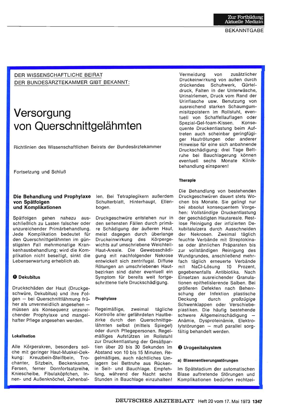 Vorschauseite 1: Der Wissenschaftliche Beirat der Bundesärztekammer gibt bekannt: Versorgung von Querschnittgelähmten