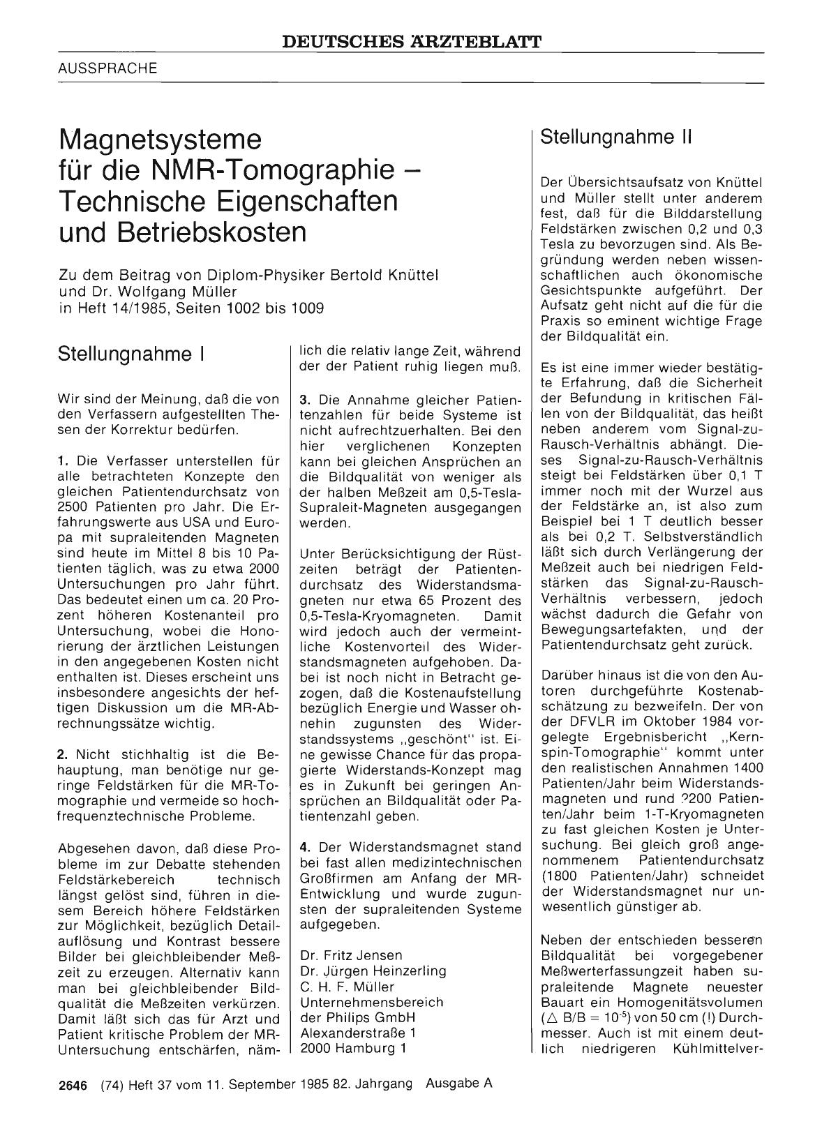 Vorschauseite 1: Magnetsysteme für die NMR-Tomographie — Technische Eigenschaften und Betriebskosten: Stellungnahme I