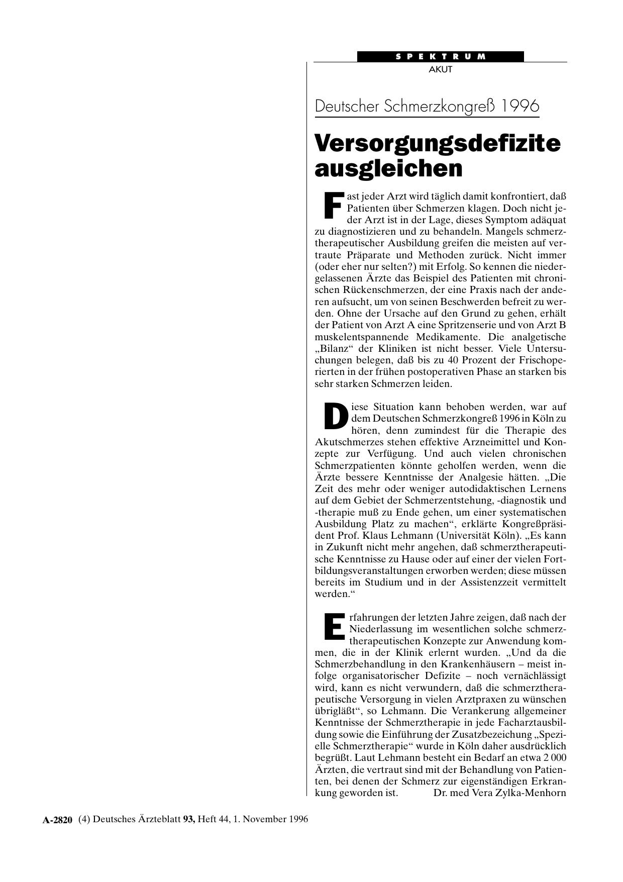 Vorschauseite 1: Deutscher Schmerzkongreß 1996: Versorgungsdefizite ausgleichen