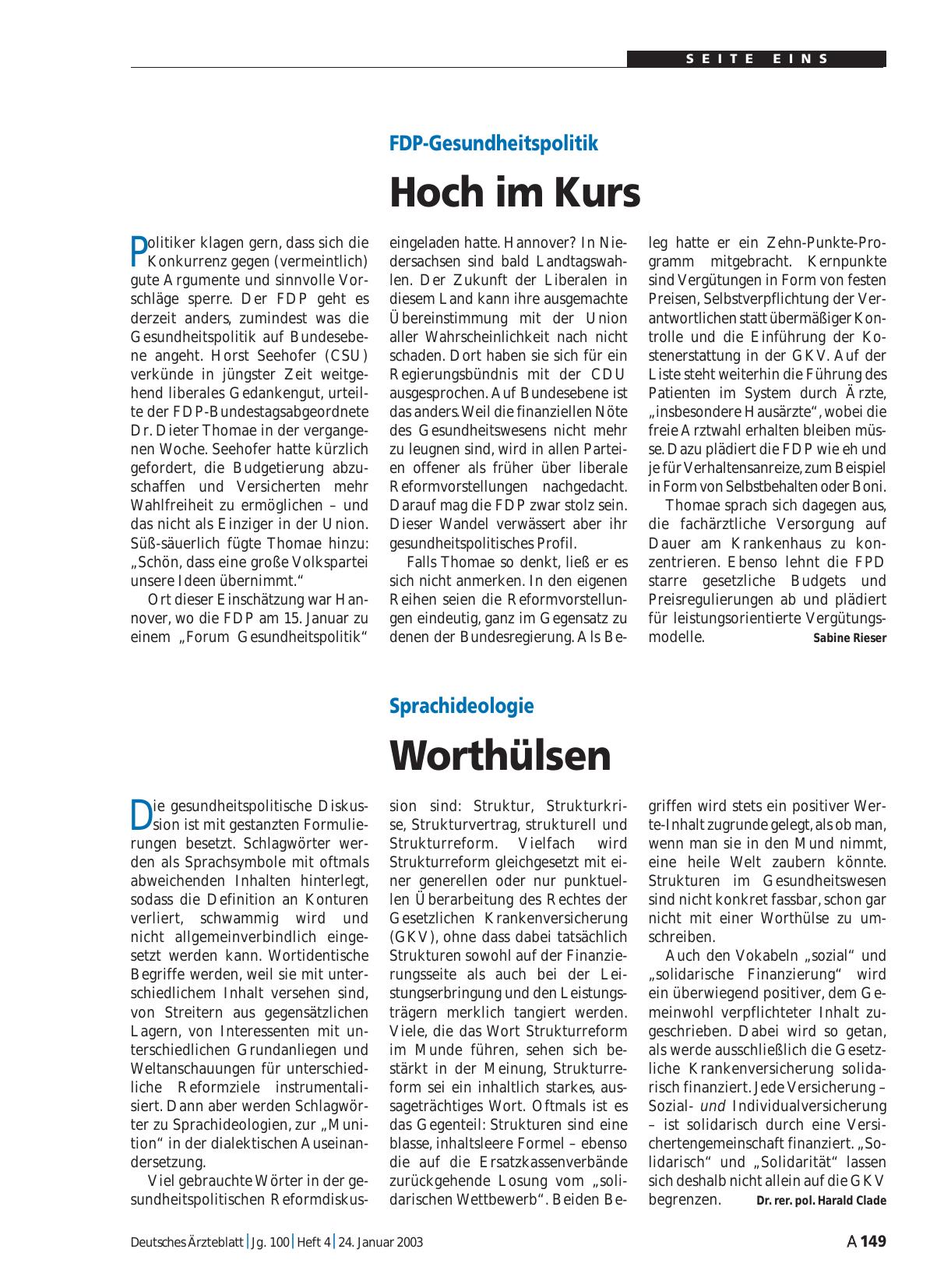 Vorschauseite 1: FDP-Gesundheitspolitik: Hoch im Kurs