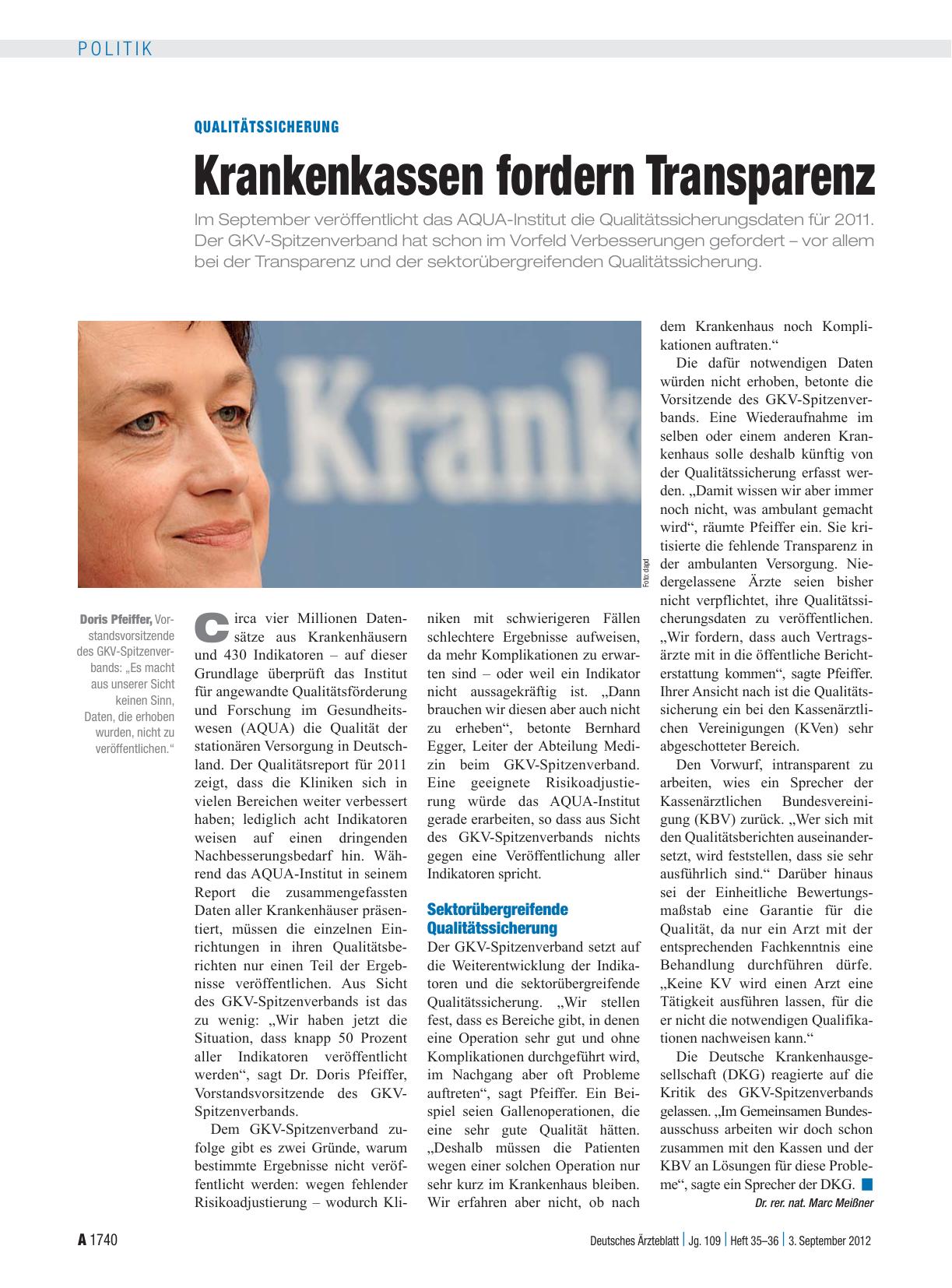 Vorschauseite 1: Qualitätssicherung: Krankenkassen fordern Transparenz