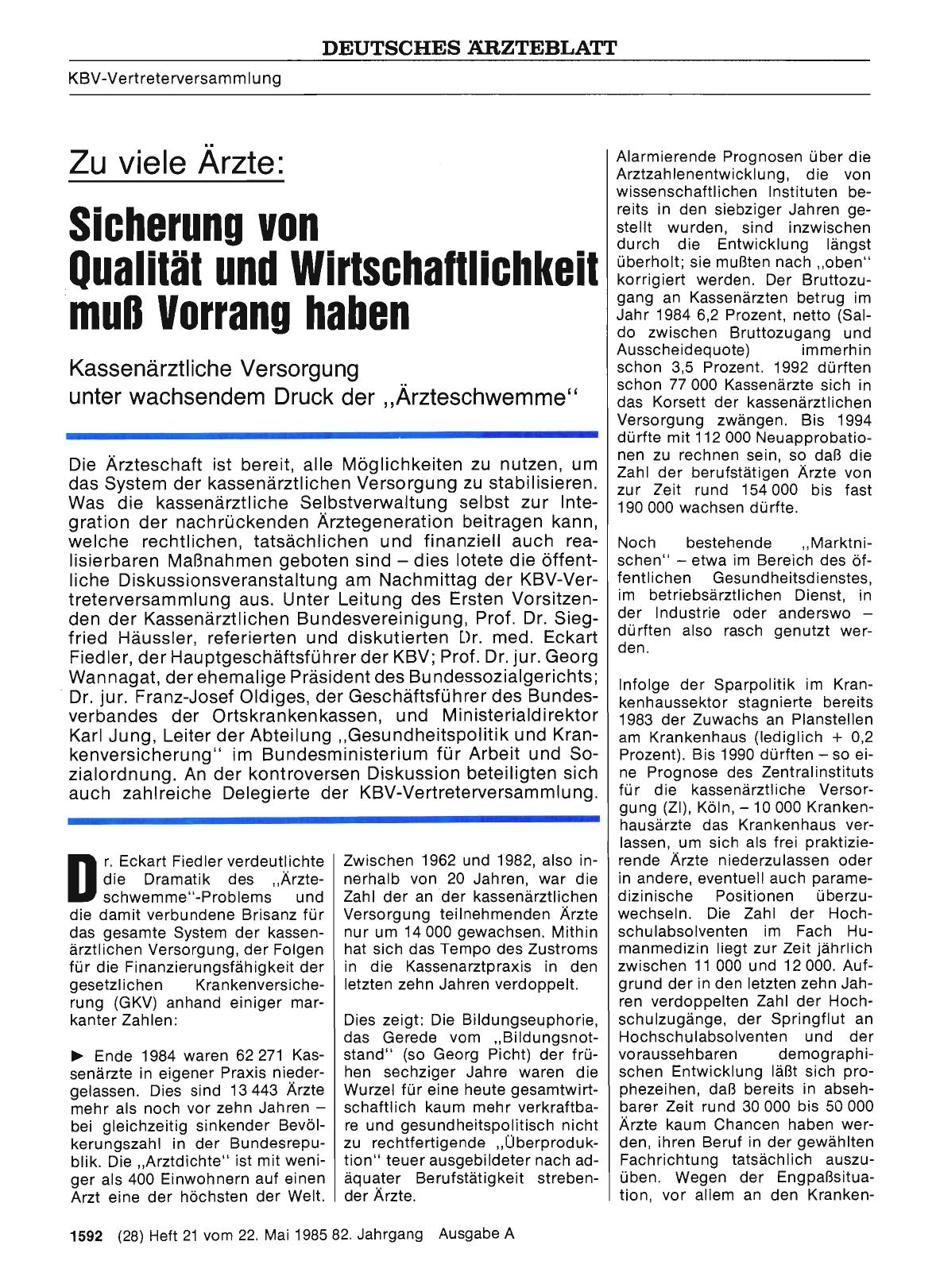 Vorschauseite 1: Zu viele Ärzte: Sicherung von Qualität und Wirtschaftlichkeit muß Vorrang haben
