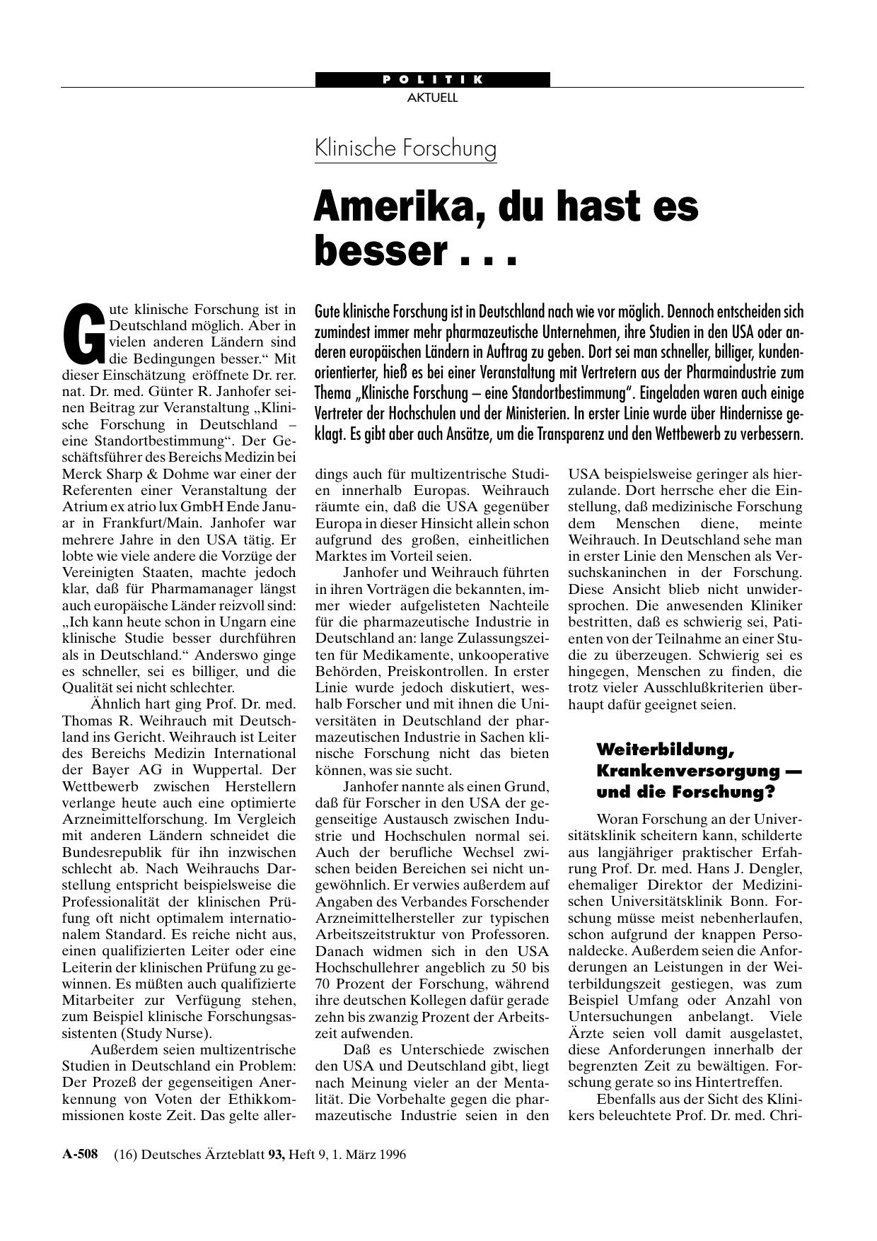 Vorschauseite 1: Klinische Forschung: Amerika, du hast es besser. ..