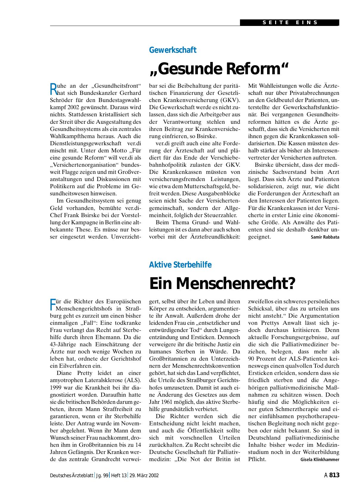 Vorschauseite 1: Gewerkschaft: „Gesunde Reform“