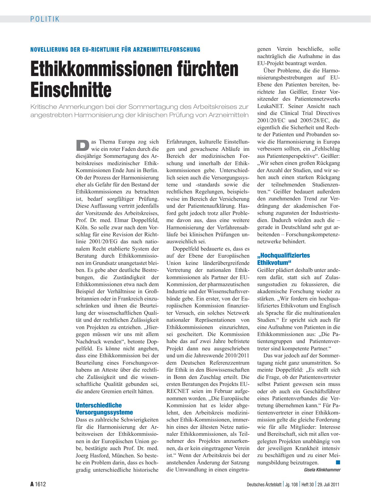 Vorschauseite 1: Novellierung der EU-Richtlinie für Arzneimittelforschung: Ethikkommissionen fürchten Einschnitte