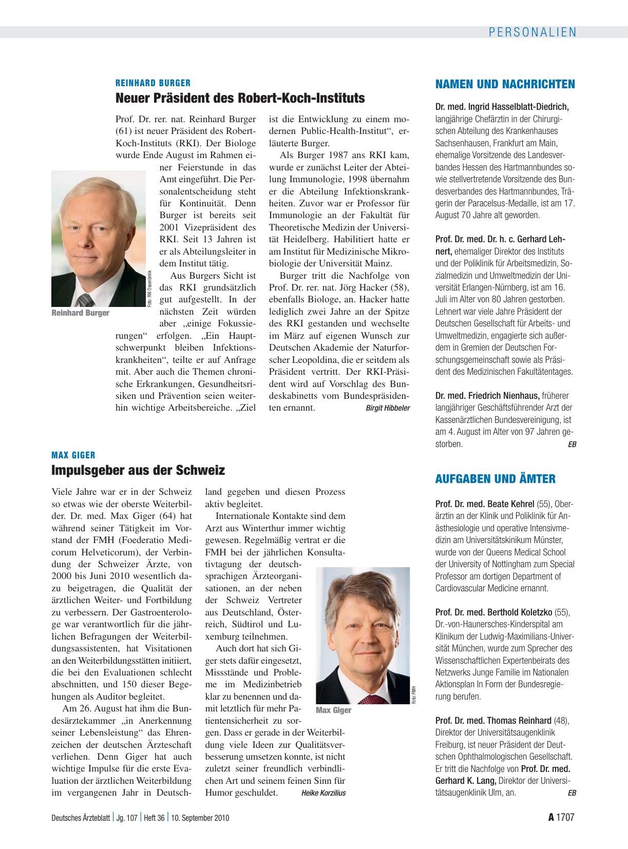 Vorschauseite 1: Reinhard Burger: Neuer Präsident des Robert-Koch-Instituts