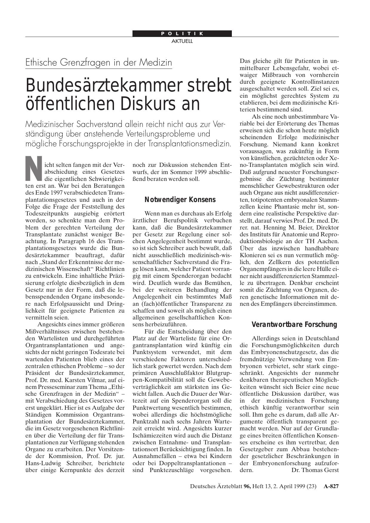 Vorschauseite 1: Ethische Grenzfragen in der Medizin: Bundesärztekammer strebt öffentlichen Diskurs an