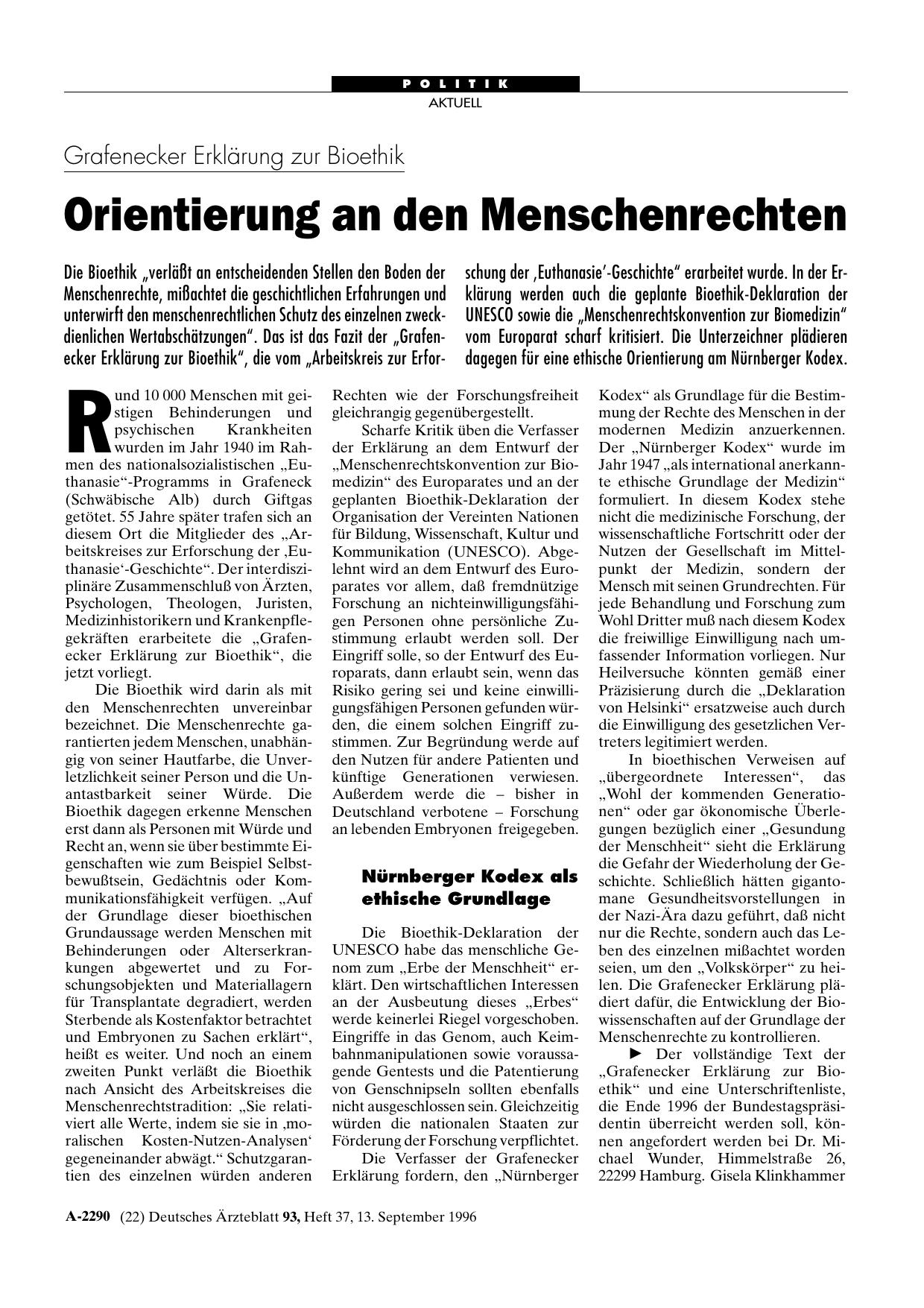 Vorschauseite 1: Grafenecker Erklärung zur Bioethik: Orientierung an den Menschenrechten