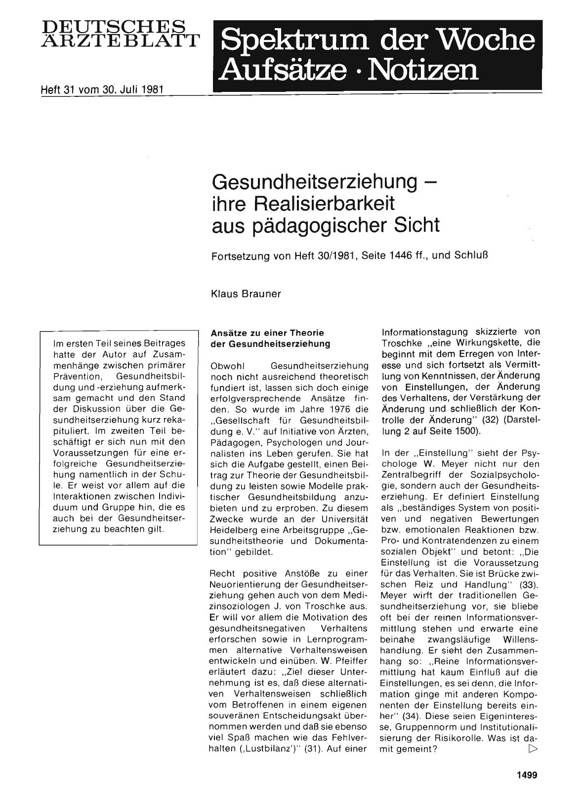 Vorschauseite 1: Gesundheitserziehung — ihre Realisierbarkeit aus pädagogischer Sicht
