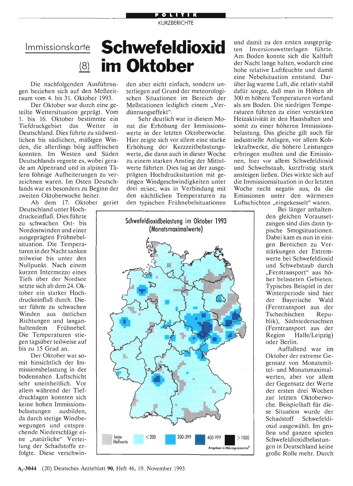 Vorschauseite 1: Immissionskarte (8): Schwefeldioxid im Oktober