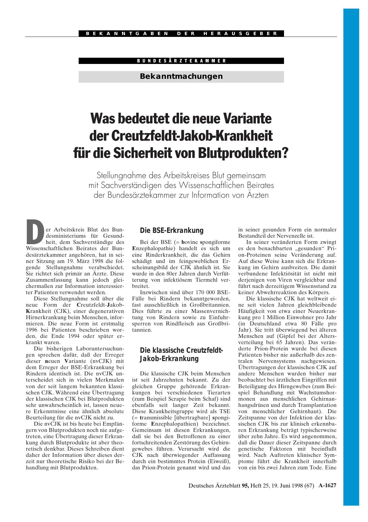 Vorschauseite 1: Was bedeutet die neue Variante der Creutzfeldt-Jakob-Krankheit für die Sicherheit von Blutprodukten?