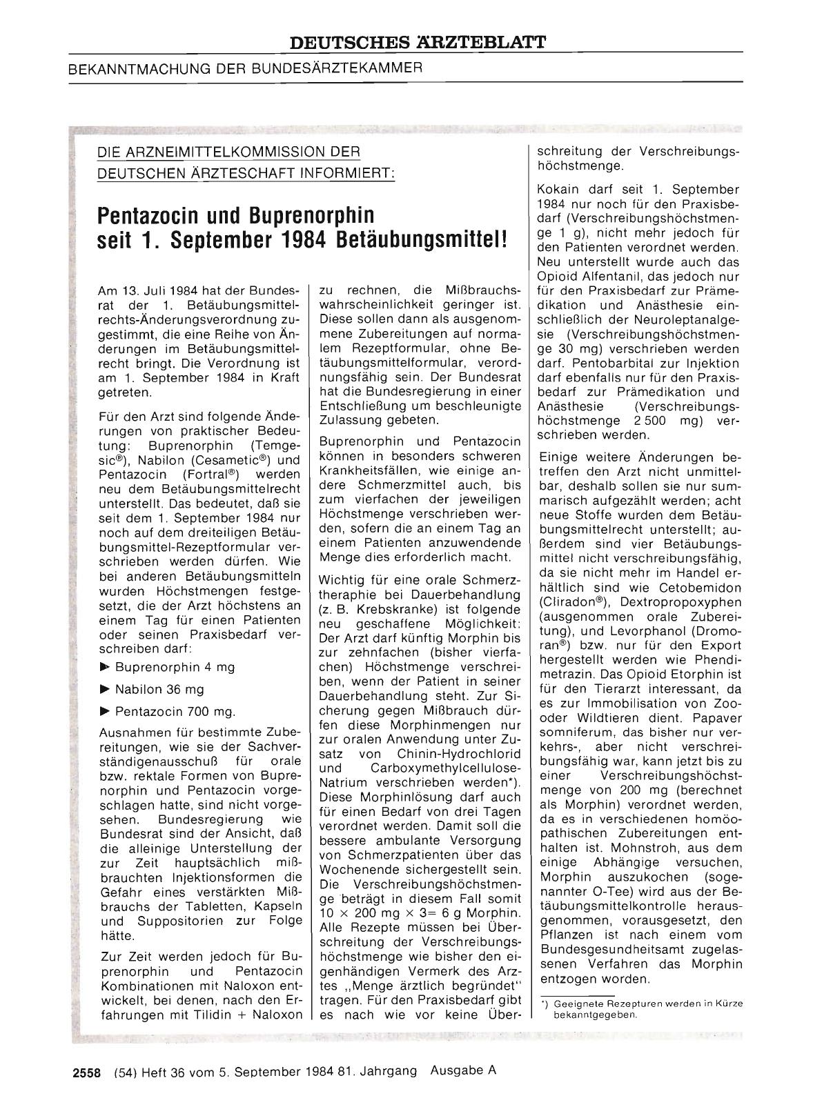 Vorschauseite 1: Pentazocin und Buprenorphin seit 1. September 1984 Betäubungsmittel!
