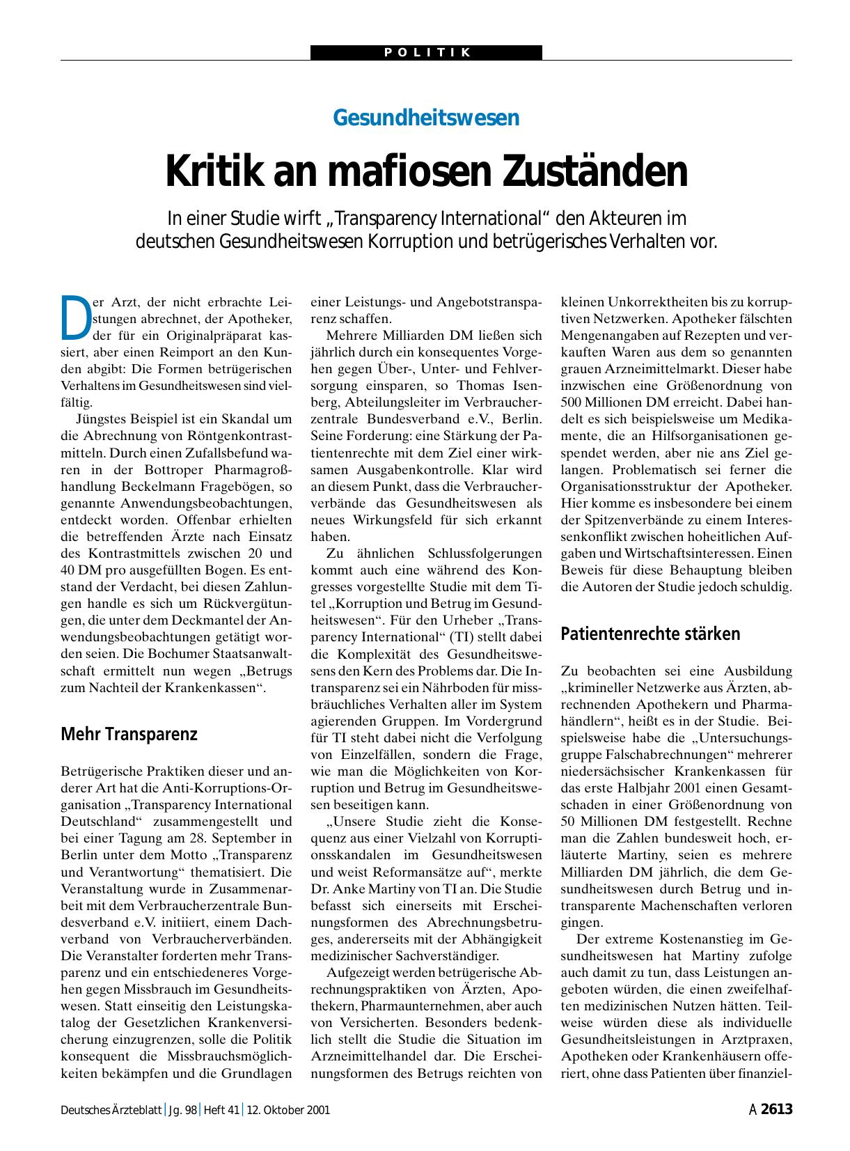 Vorschauseite 1: Gesundheitswesen: Kritik an mafiosen Zuständen