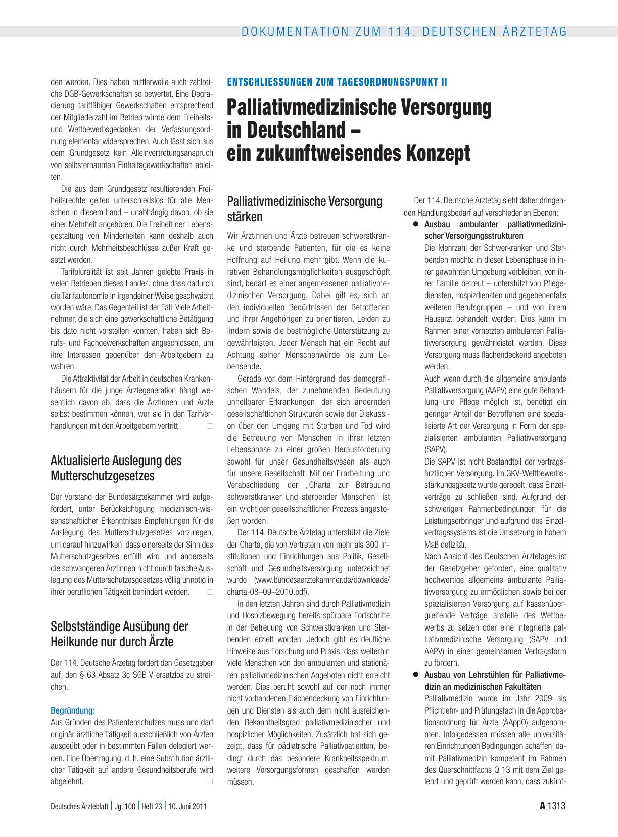 Vorschauseite 1: Entschliessungen zum Tagesordnungspunkt II: Palliativmedizinische Versorgung in Deutschland – ein zukunftweisendes Konzept