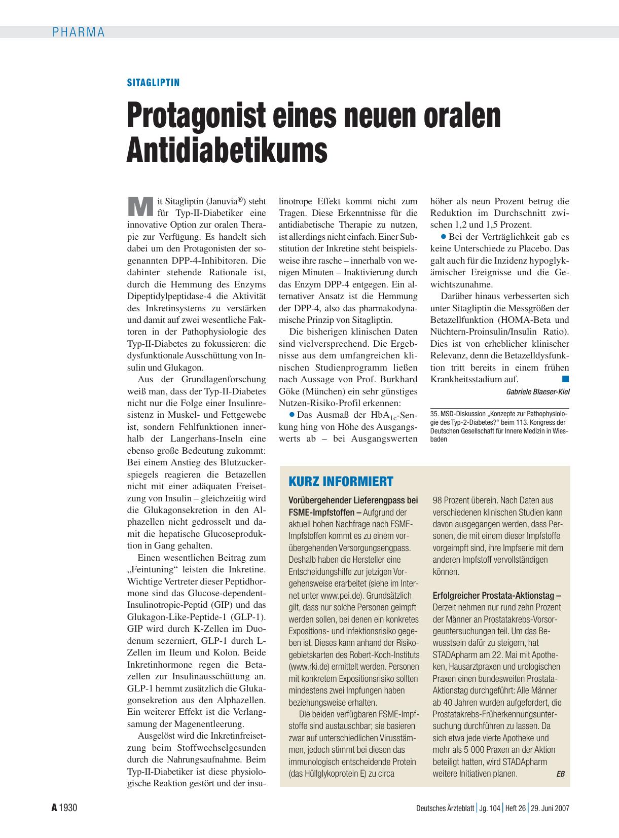 Vorschauseite 1: Sitagliptin: Protagonist eines neuen oralen Antidiabetikums
