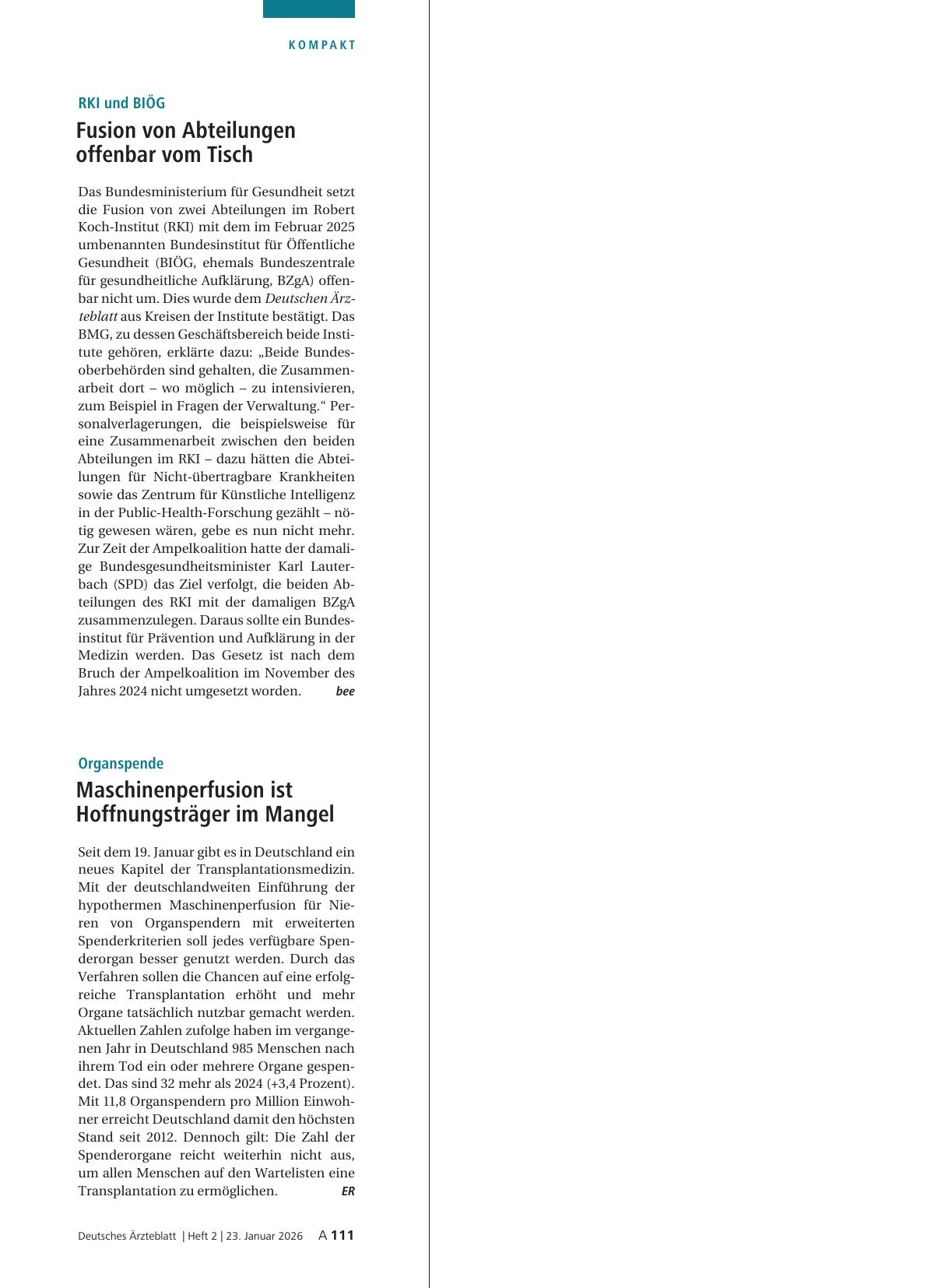 Vorschauseite 1: RKI und BIÖG: Fusion von Abteilungen offenbar vom Tisch